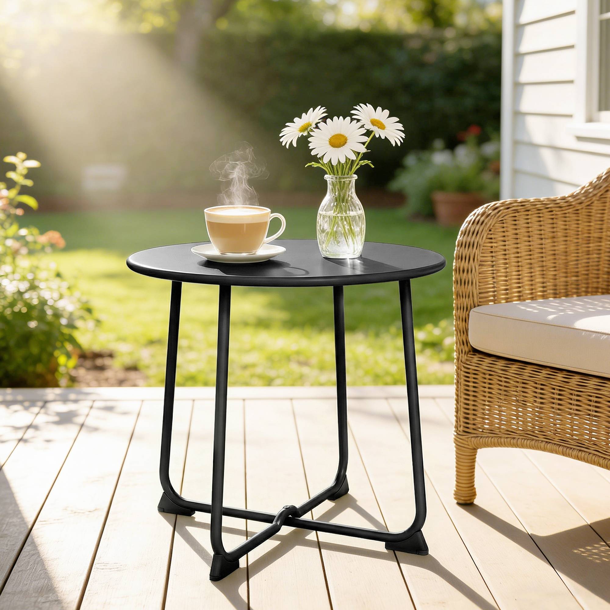 Table basse ronde extérieur 50 cm métal piètement X pieds antidérapants noire - Image 3
