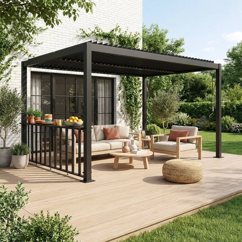 Pergola bioclimatique aluminium et acier 3x3m + bar 3m anthracite Palace | sweeek - Image 1