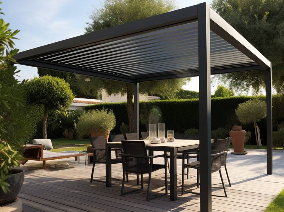 Pergola Bioclimatique Autoportée 12m² - 3x4m Trois Panneaux Vénitiens - Anthracite - Lames Inclinables à 120 degrés - ECLIPSE - Image 2