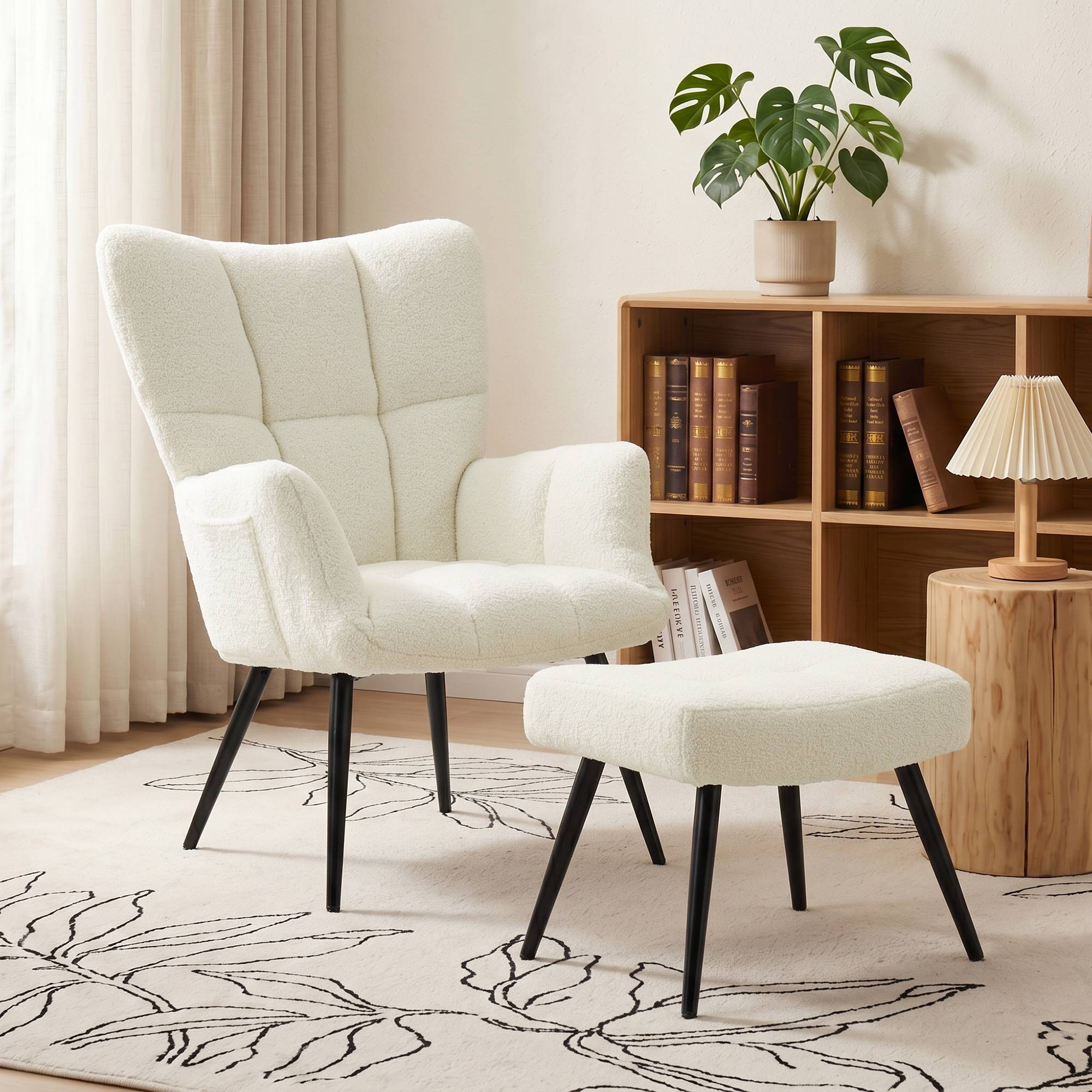 Sans Marque - Fauteuil de Salon avec Repose-Pied, Fauteuil d'Appoint Capitonné en Peluche Teddy, Dossier Haut, Poches Latérales, Beige - Image 3