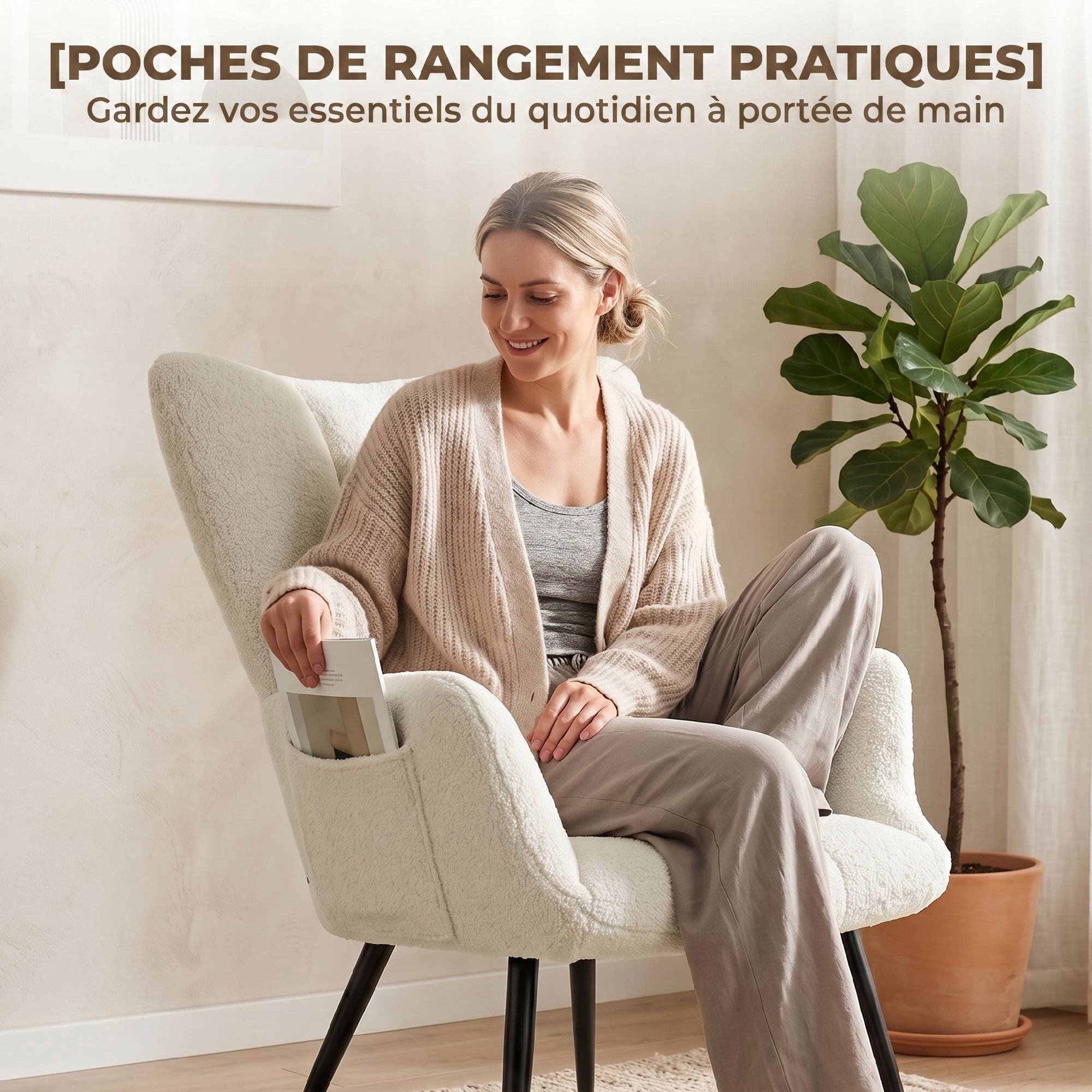 Sans Marque - Fauteuil de Salon avec Repose-Pied, Fauteuil d'Appoint Capitonné en Peluche Teddy, Dossier Haut, Poches Latérales, Beige - Image 9