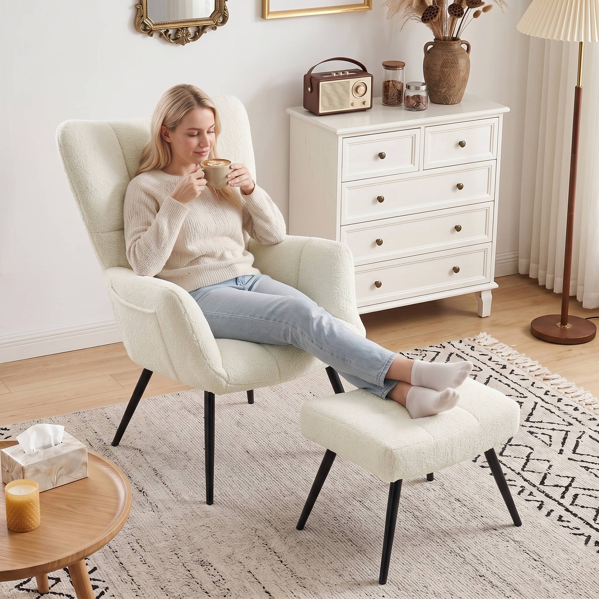 Sans Marque - Fauteuil de Salon avec Repose-Pied, Fauteuil d'Appoint Capitonné en Peluche Teddy, Dossier Haut, Poches Latérales, Beige - Image 10