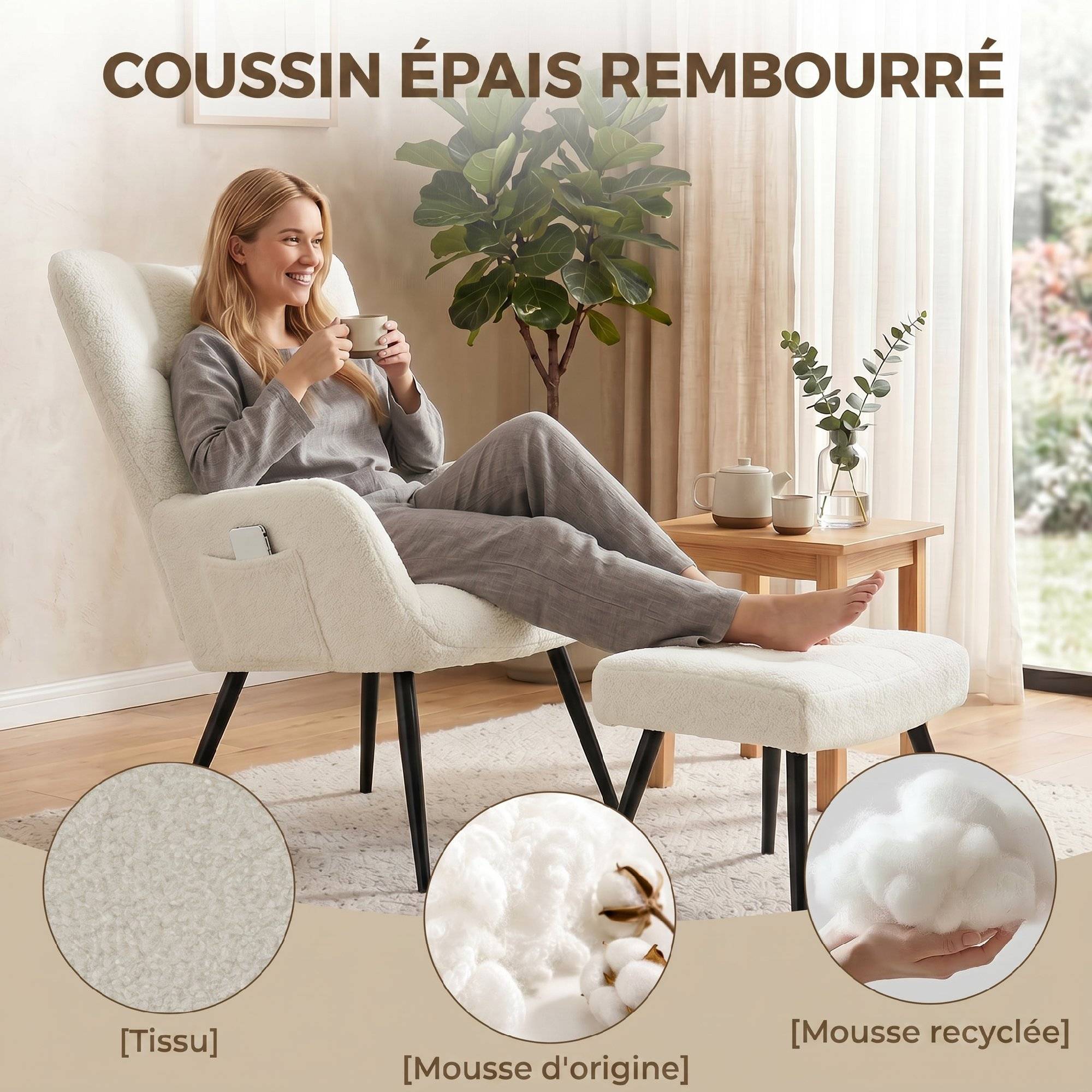 Sans Marque - Fauteuil de Salon avec Repose-Pied, Fauteuil d'Appoint Capitonné en Peluche Teddy, Dossier Haut, Poches Latérales, Beige - Image 7