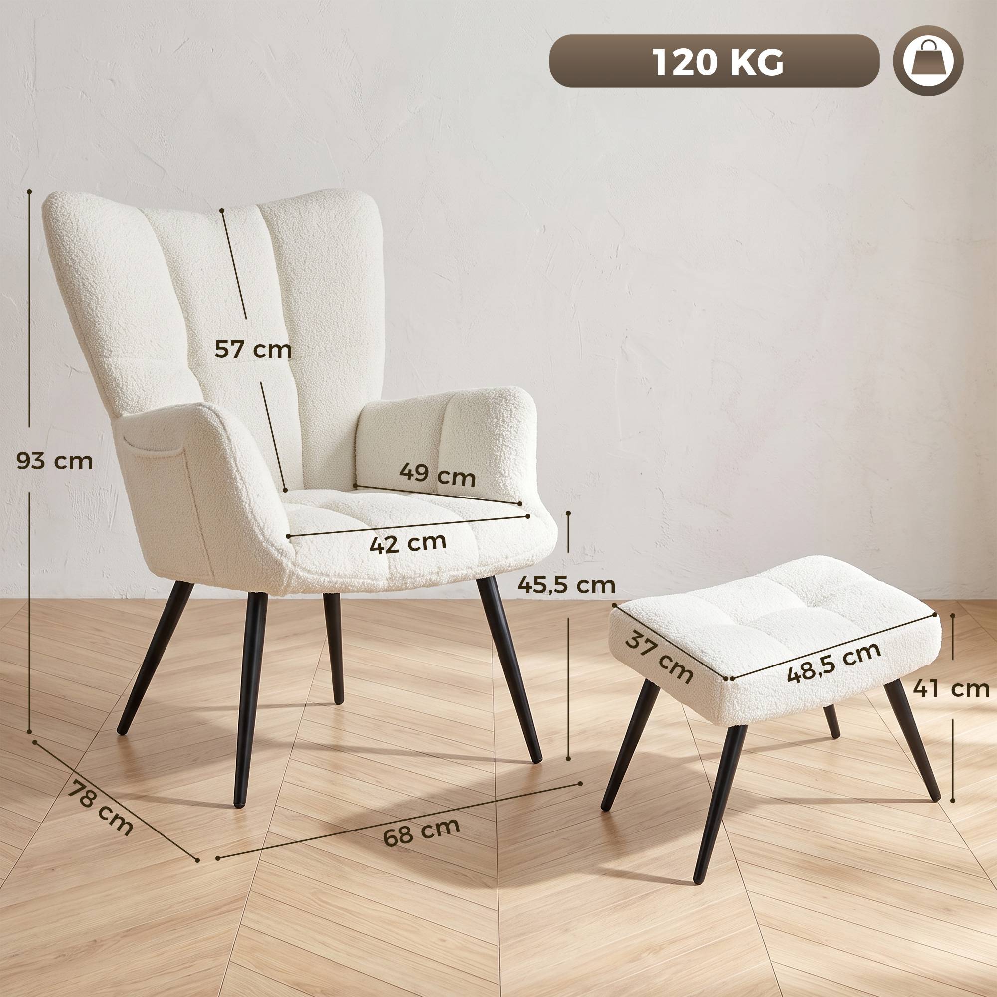 Sans Marque - Fauteuil de Salon avec Repose-Pied, Fauteuil d'Appoint Capitonné en Peluche Teddy, Dossier Haut, Poches Latérales, Beige - Image 5