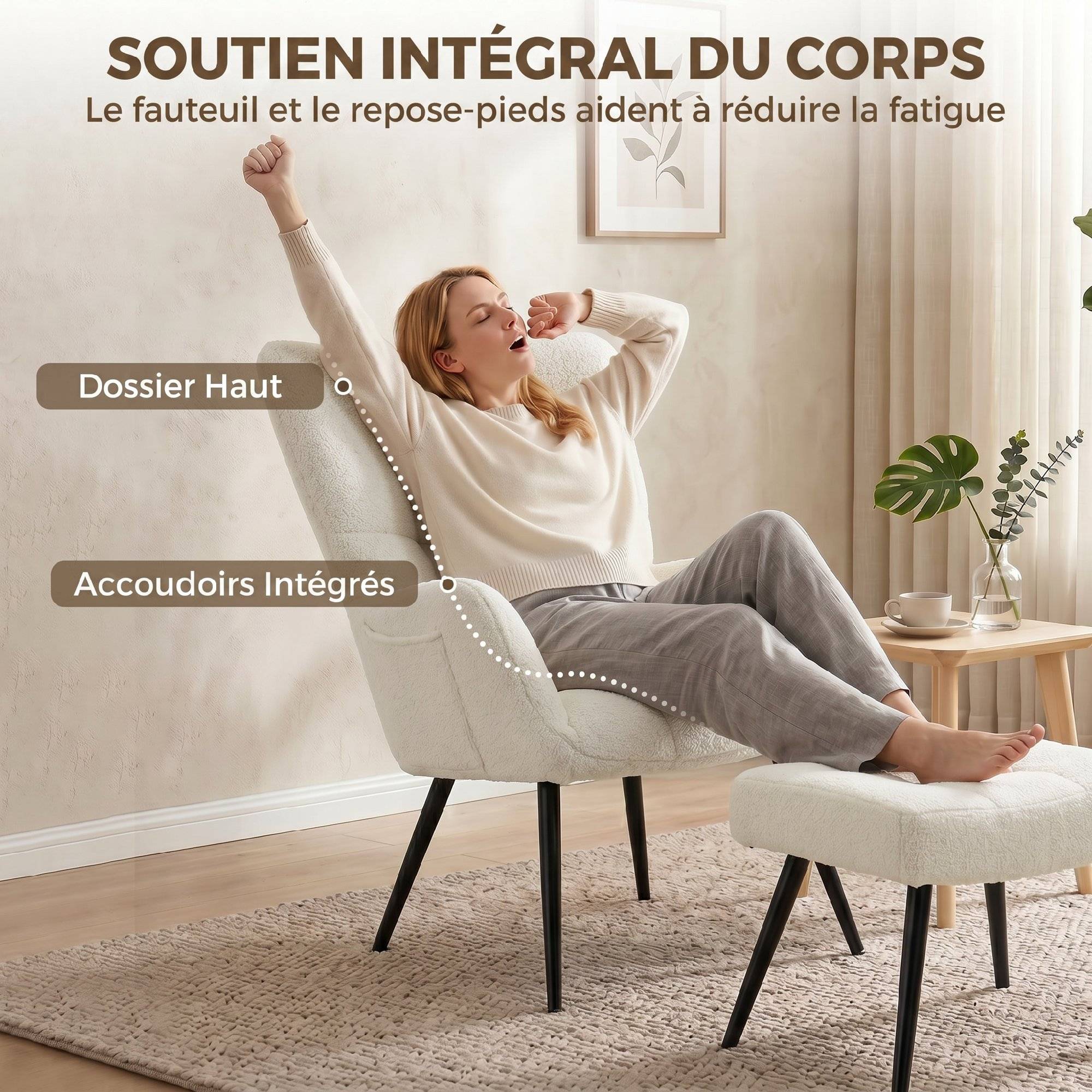 Sans Marque - Fauteuil de Salon avec Repose-Pied, Fauteuil d'Appoint Capitonné en Peluche Teddy, Dossier Haut, Poches Latérales, Beige - Image 6