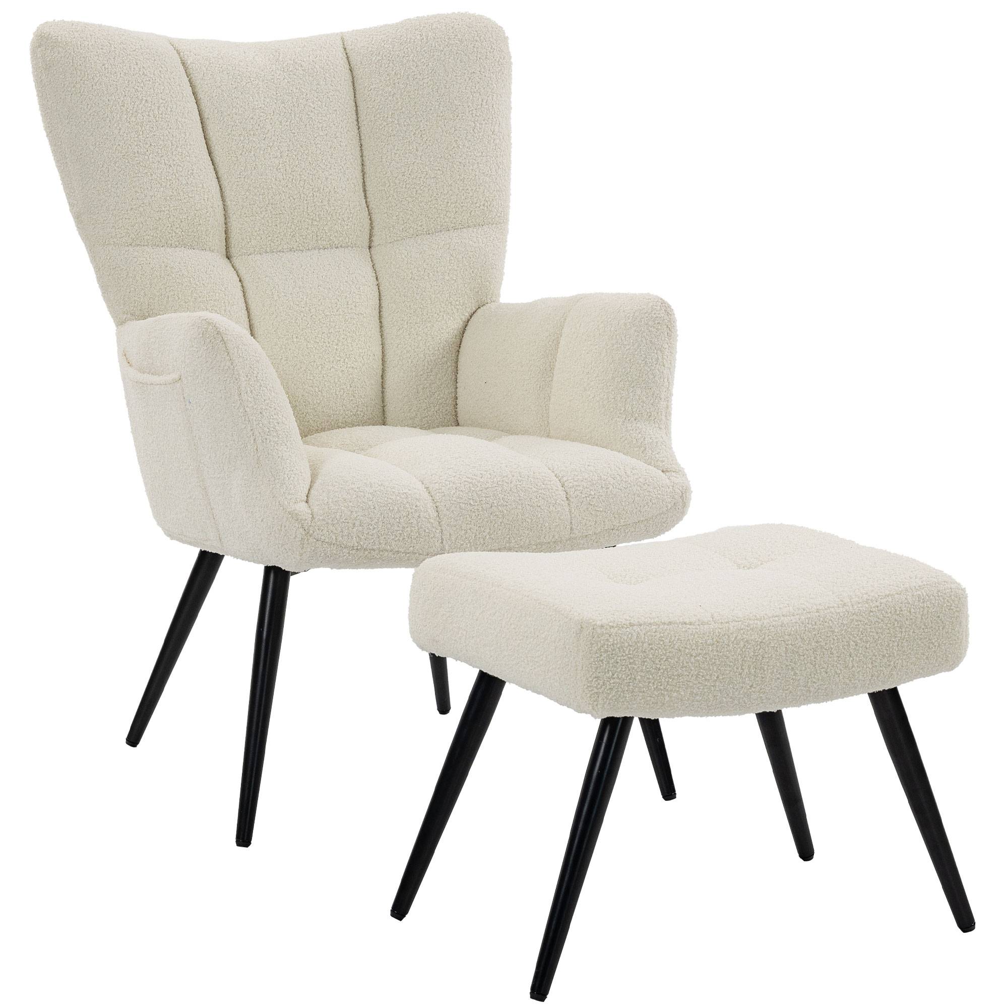 Sans Marque - Fauteuil de Salon avec Repose-Pied, Fauteuil d'Appoint Capitonné en Peluche Teddy, Dossier Haut, Poches Latérales, Beige