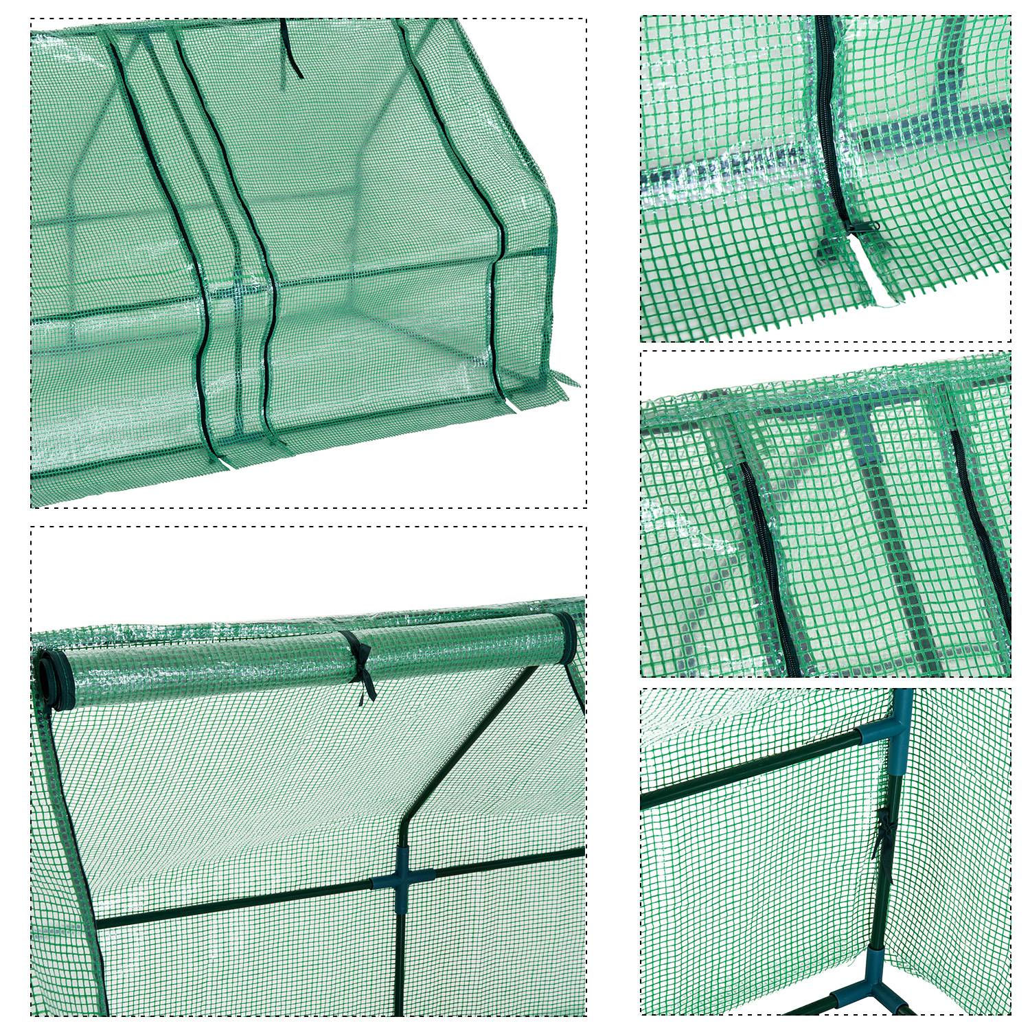 Mini Serre de Jardin mini serre tunnel 180L x 90l x 90H cm toit pointu Acier PE Haute densité 140 g/m² Anti-UV 3 fenêtres avec Zip enroulables Vert - Image 10