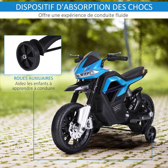 Moto électrique pour Enfants de 3-6 ans 25 W 6 V 3 Km/h Effets Lumineux et sonores roulettes Amovibles Charge max. 30 kg Bleu - Image 7