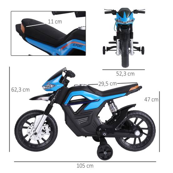 Moto électrique pour Enfants de 3-6 ans 25 W 6 V 3 Km/h Effets Lumineux et sonores roulettes Amovibles Charge max. 30 kg Bleu - Image 5