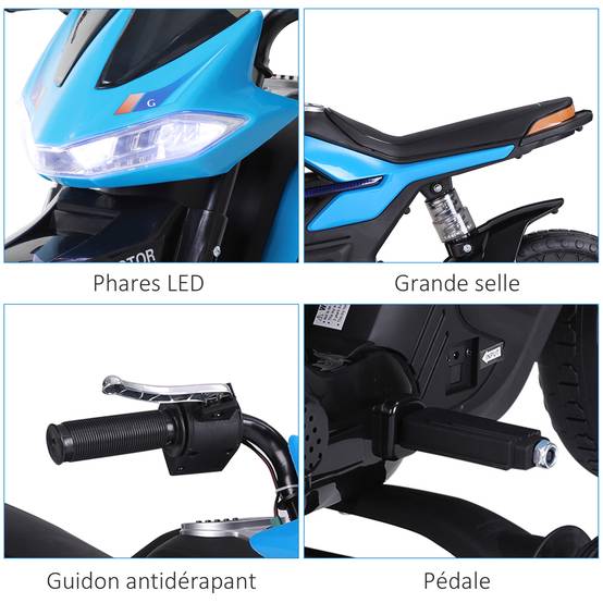 Moto électrique pour Enfants de 3-6 ans 25 W 6 V 3 Km/h Effets Lumineux et sonores roulettes Amovibles Charge max. 30 kg Bleu - Image 9