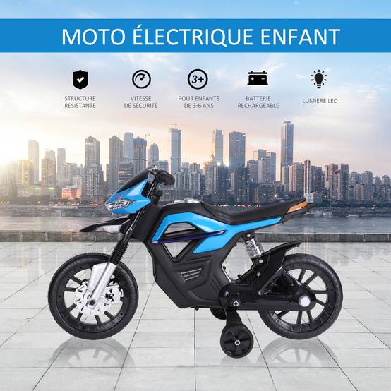 Moto électrique pour Enfants de 3-6 ans 25 W 6 V 3 Km/h Effets Lumineux et sonores roulettes Amovibles Charge max. 30 kg Bleu - Image 6