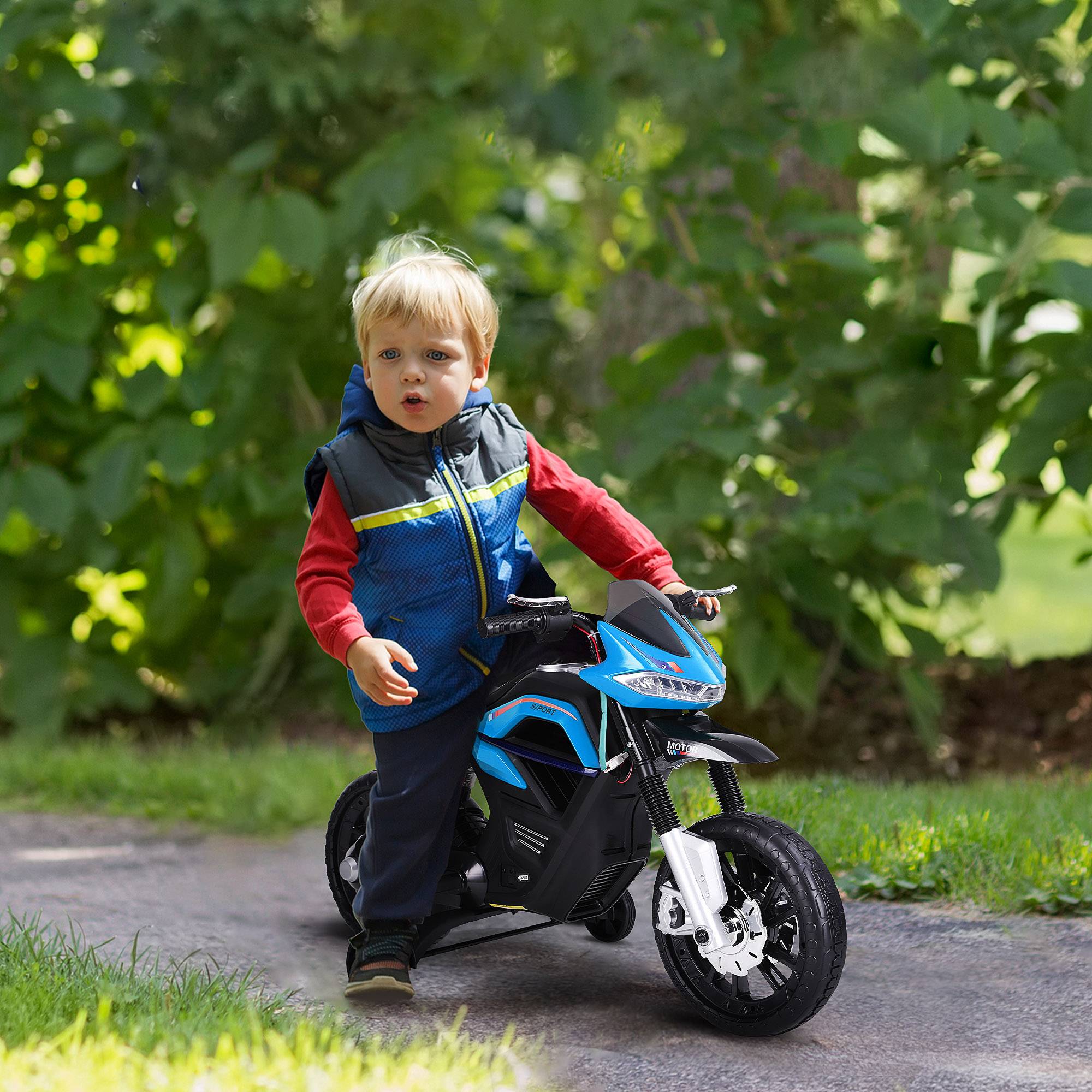 Moto électrique pour Enfants de 3-6 ans 25 W 6 V 3 Km/h Effets Lumineux et sonores roulettes Amovibles Charge max. 30 kg Bleu - Image 3