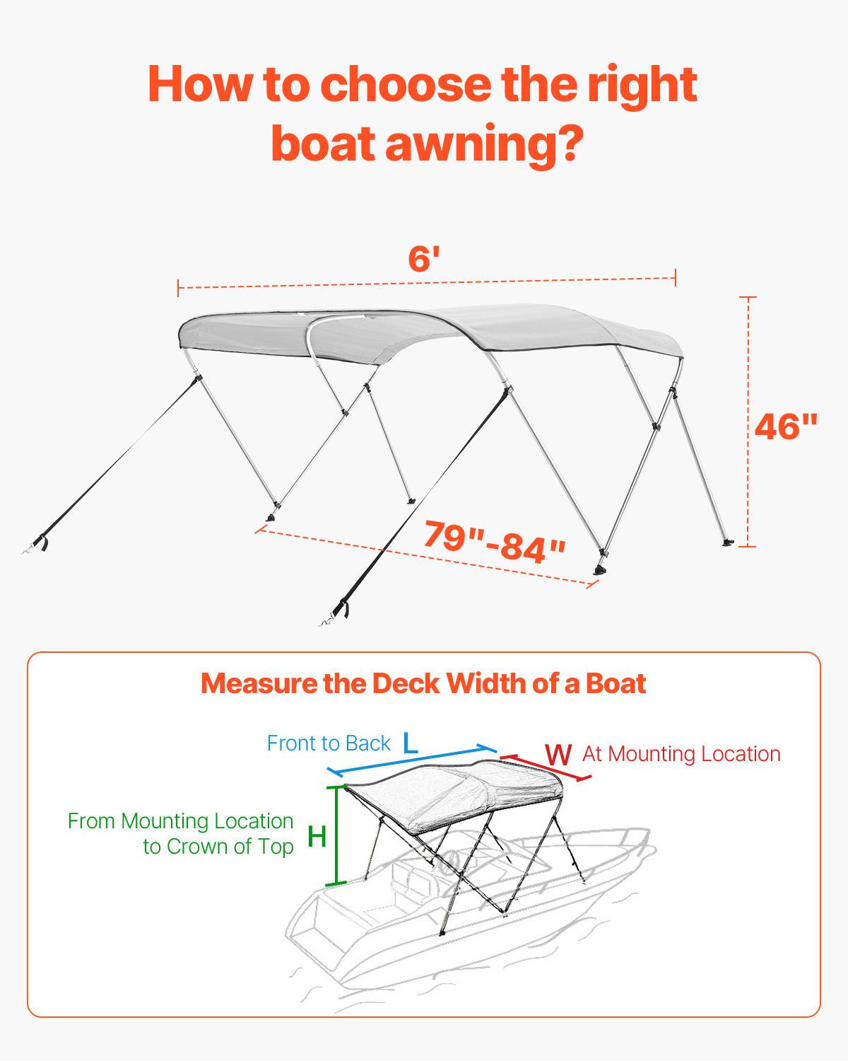 VEVOR Bimini bateau taud de soleil à 3 arceaux 200-213 cm en alu polyester gris - Image 5