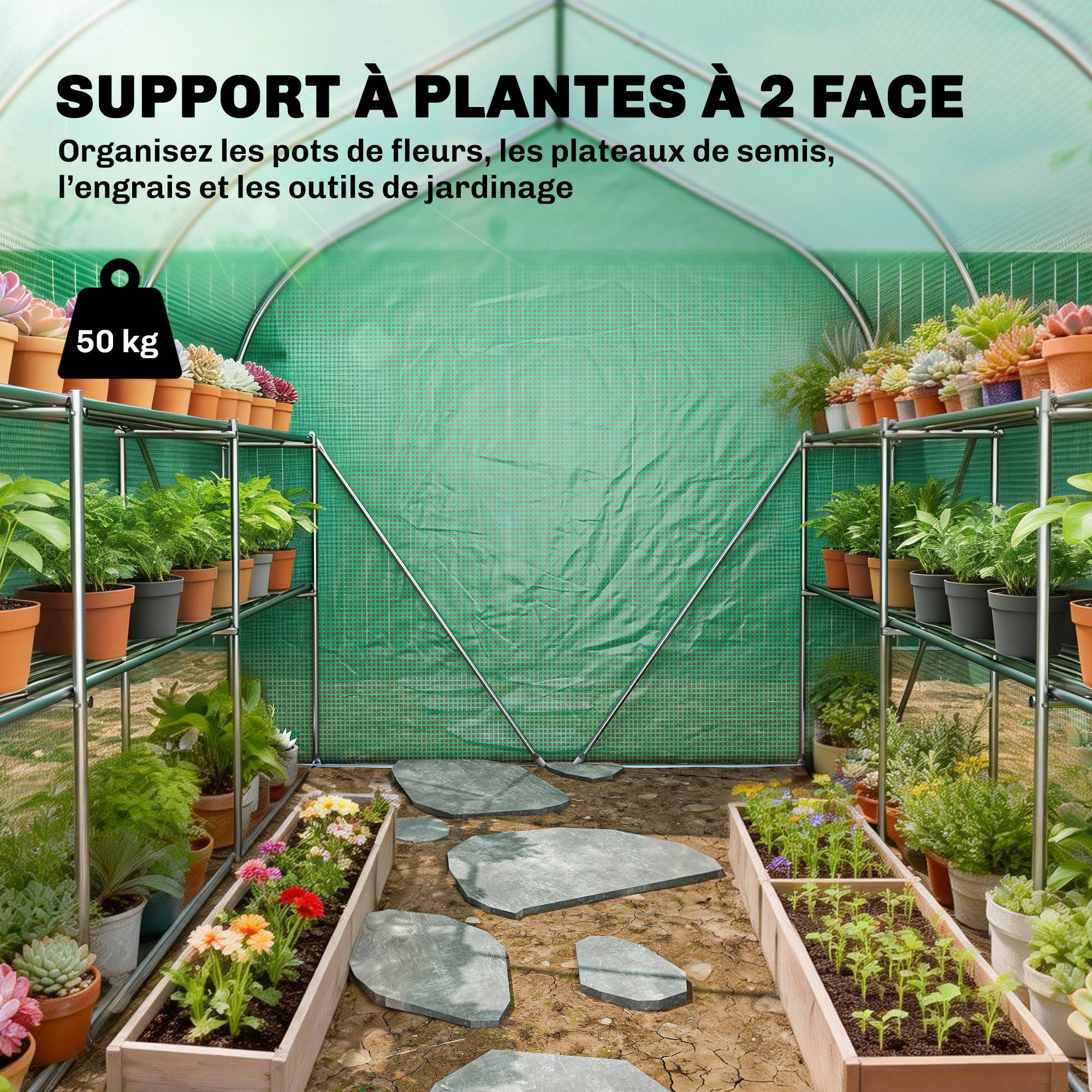 Sans Marque - Serre tunnel de jardin 6m², serre de jardin avec étagères, porte et 6 fenêtres, cadre en acier galvanisé, vert - Image 6