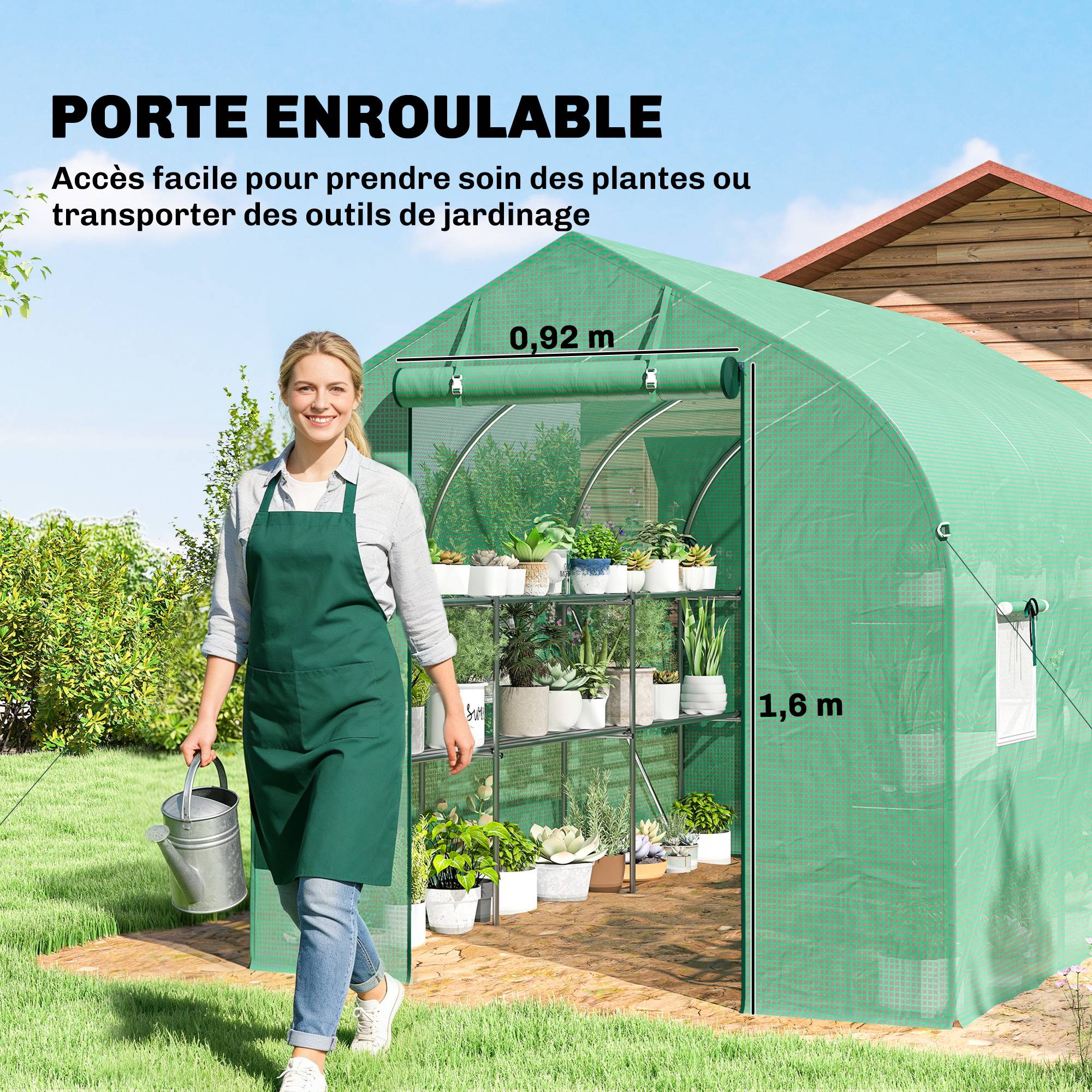 Sans Marque - Serre tunnel de jardin 6m², serre de jardin avec étagères, porte et 6 fenêtres, cadre en acier galvanisé, vert - Image 9