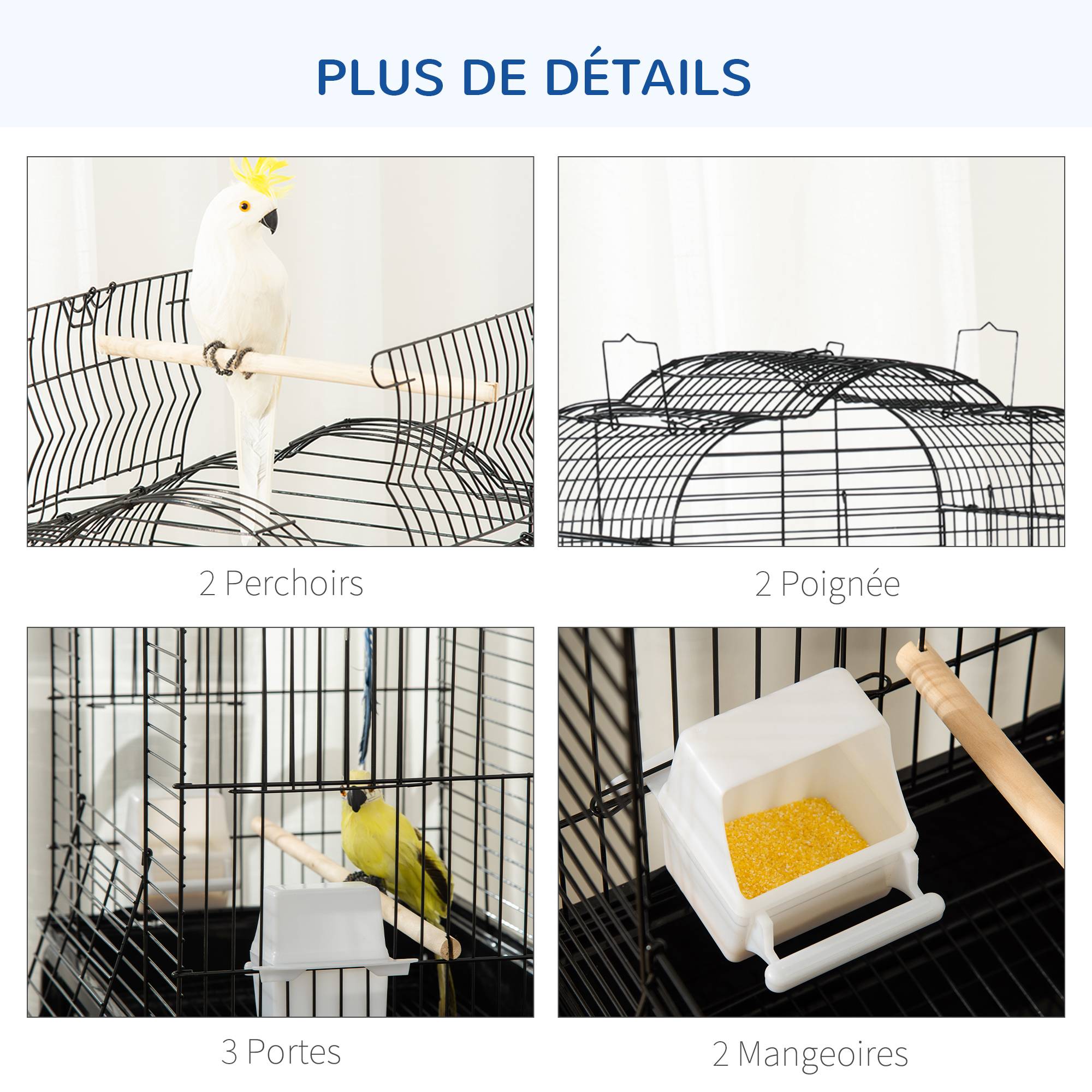 Cage à oiseaux volière pour oiseaux sur roulettes avec toit ouvrant 3 perchoirs étagère inférieure 46 x 36 x 130 cm noir - Image 8