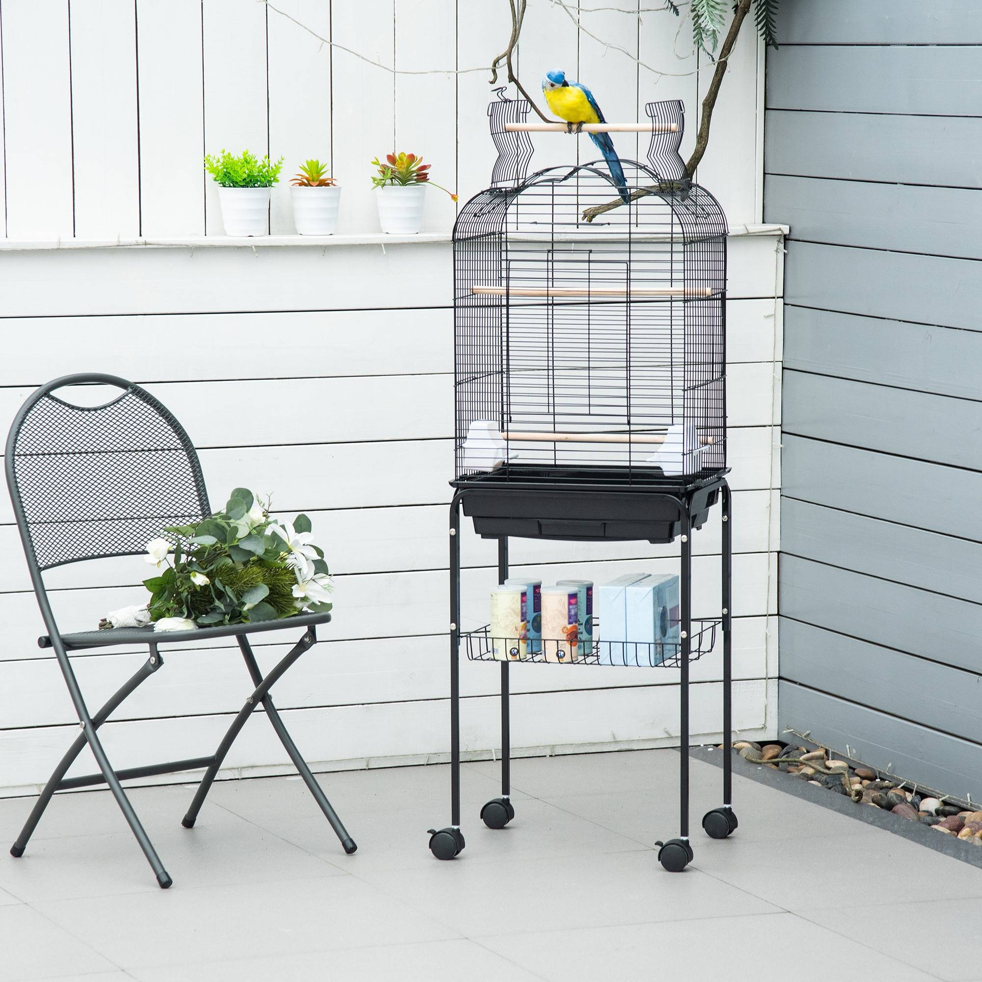 Cage à oiseaux volière pour oiseaux sur roulettes avec toit ouvrant 3 perchoirs étagère inférieure 46 x 36 x 130 cm noir - Image 4
