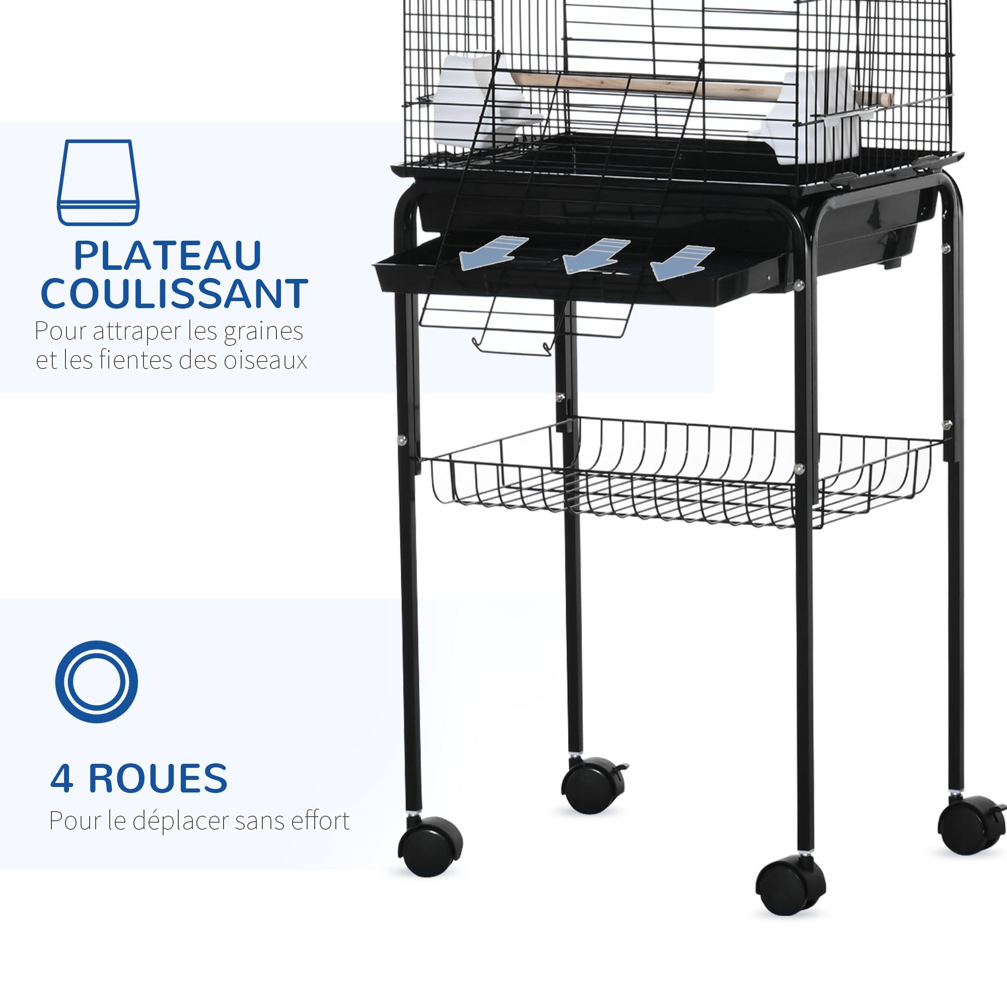 Cage à oiseaux volière pour oiseaux sur roulettes avec toit ouvrant 3 perchoirs étagère inférieure 46 x 36 x 130 cm noir - Image 9