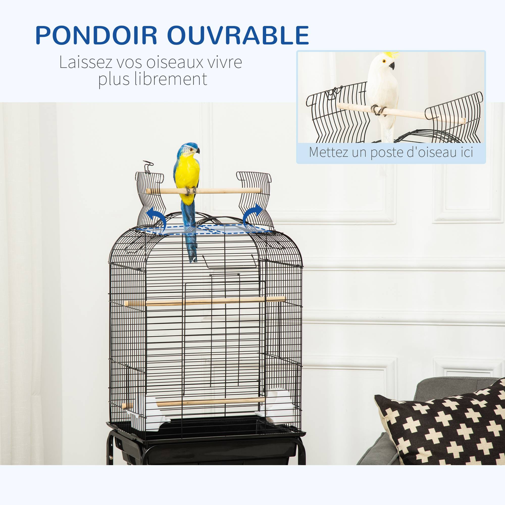 Cage à oiseaux volière pour oiseaux sur roulettes avec toit ouvrant 3 perchoirs étagère inférieure 46 x 36 x 130 cm noir - Image 7