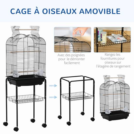 Cage à oiseaux volière pour oiseaux sur roulettes avec toit ouvrant 3 perchoirs étagère inférieure 46 x 36 x 130 cm noir - Image 6