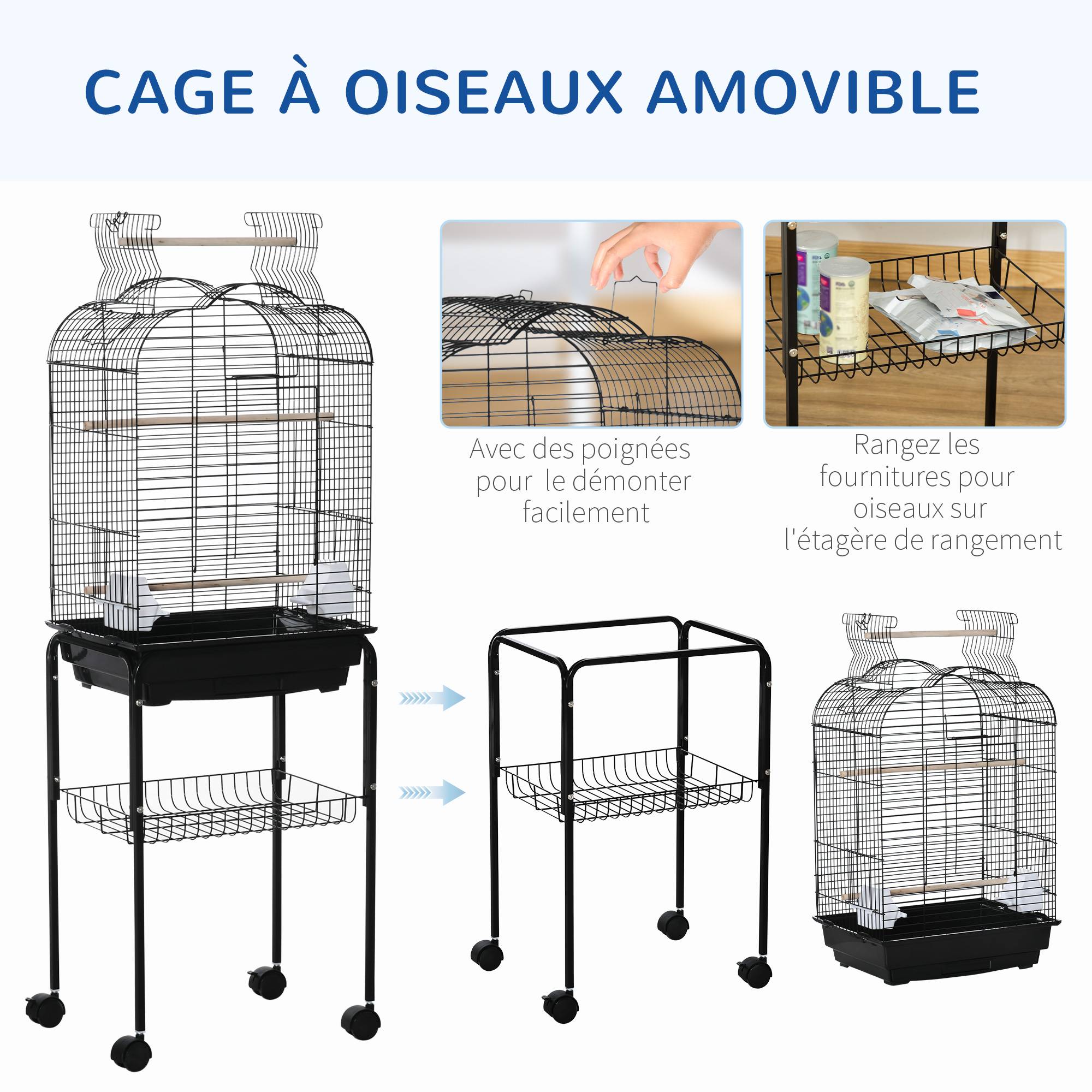 Cage à oiseaux volière pour oiseaux sur roulettes avec toit ouvrant 3 perchoirs étagère inférieure 46 x 36 x 130 cm noir - Image 6