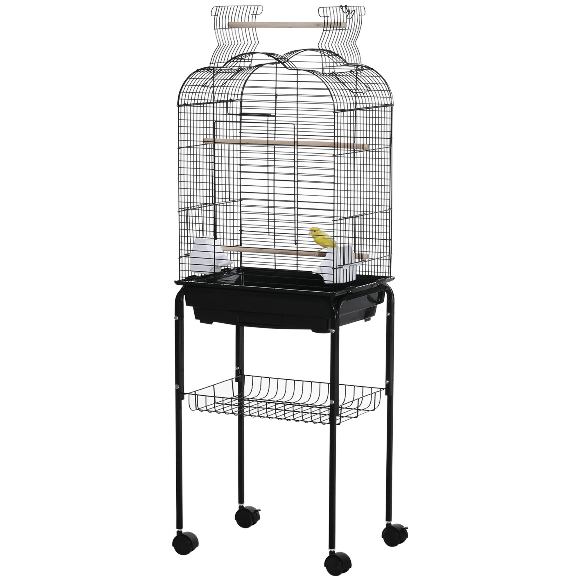 Cage à oiseaux volière pour oiseaux sur roulettes avec toit ouvrant 3 perchoirs étagère inférieure 46 x 36 x 130 cm noir - Image 2