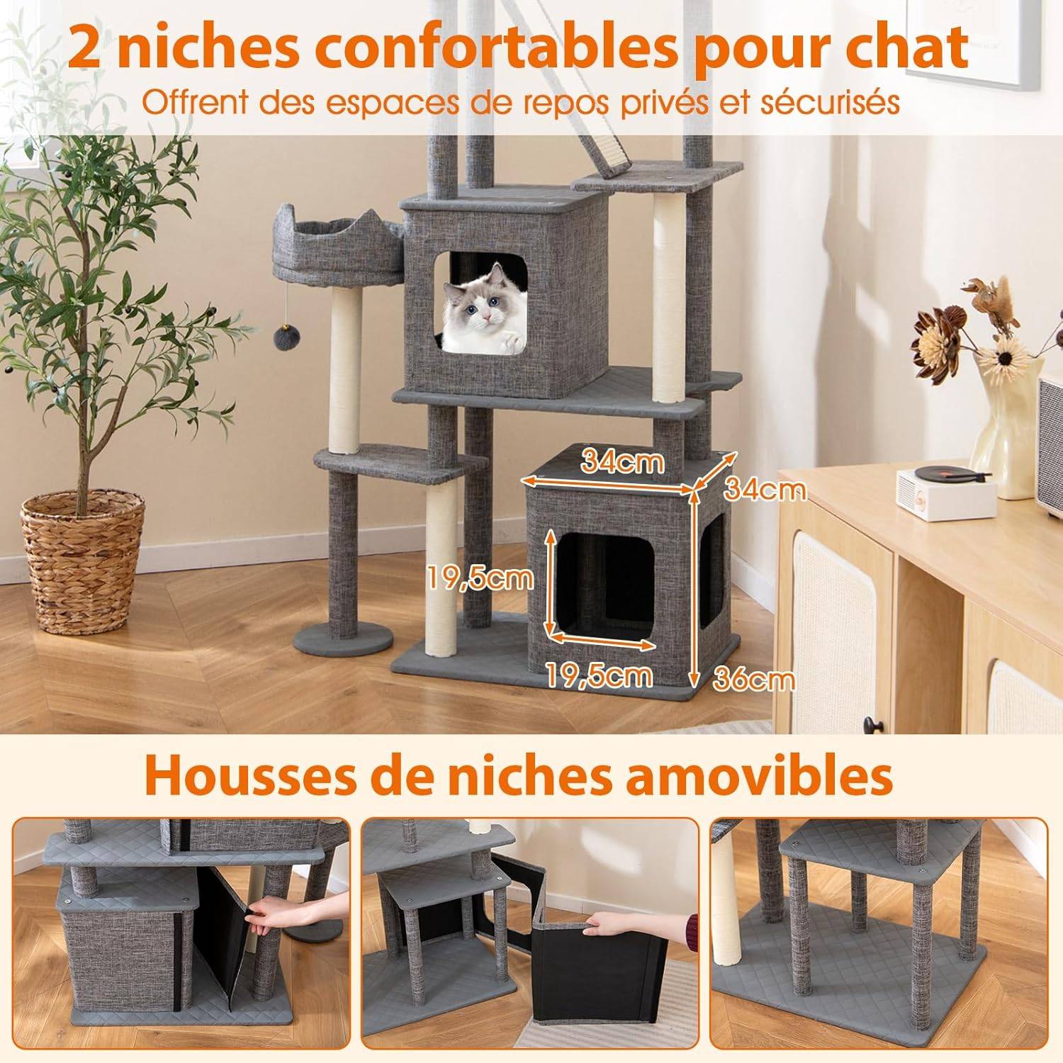 Arbre à Chat XXL 180 cm, 4 Poteaux à Griffer en Sisal, Planche à Griffer, Arbre a Chat Bois à 7 Niveaux, 2 Condos Amovibles, 86x40x180 cm - Image 5