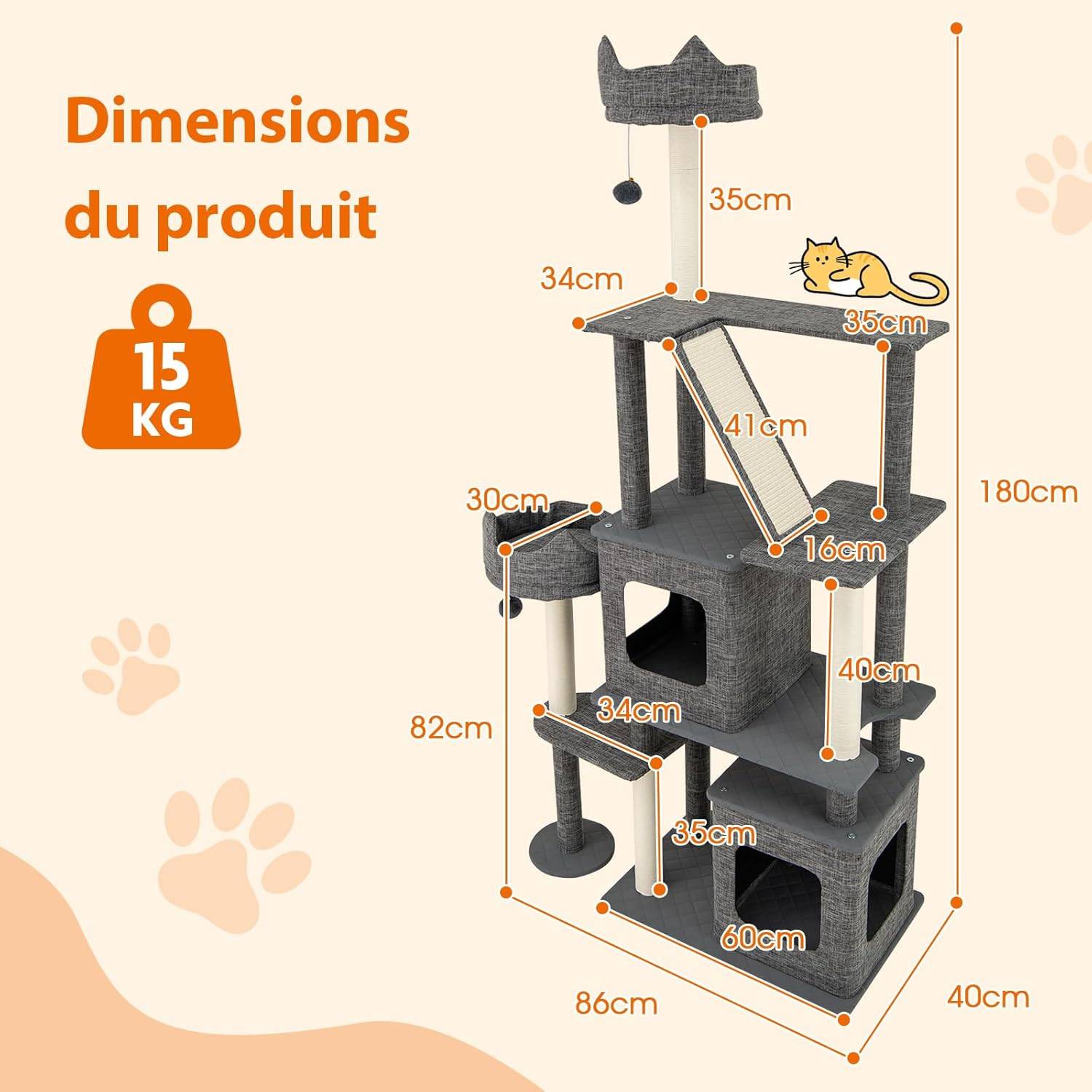 Arbre à Chat XXL 180 cm, 4 Poteaux à Griffer en Sisal, Planche à Griffer, Arbre a Chat Bois à 7 Niveaux, 2 Condos Amovibles, 86x40x180 cm - Image 2