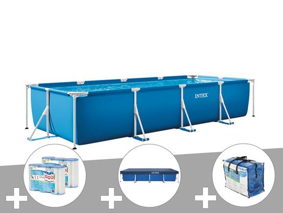 Kit piscine tubulaire rectangulaire 3,00 x 2,00 x 0,75 m + Bâche de protection + 6 cartouches + Bâche à bulles - Intex