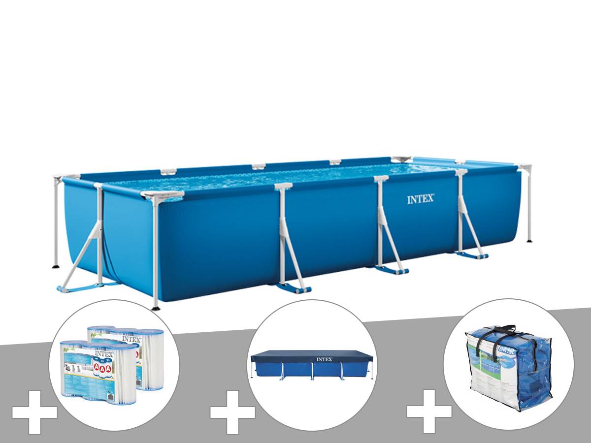 Kit piscine tubulaire rectangulaire 3,00 x 2,00 x 0,75 m + Bâche de protection + 6 cartouches + Bâche à bulles - Intex