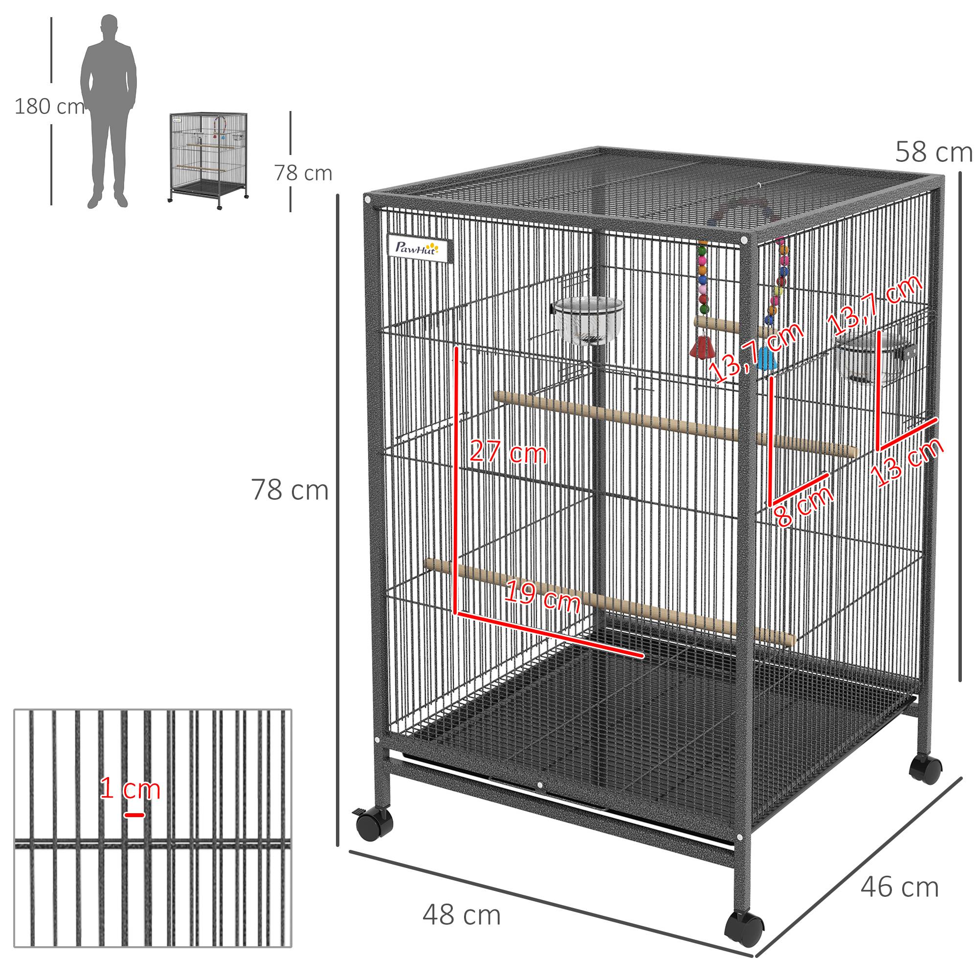 Cage à oiseaux sur pied et roulettes avec balançoire, perchoirs et plateau coulissant, 48 x 46 x 78 cm, acier noir - Image 5