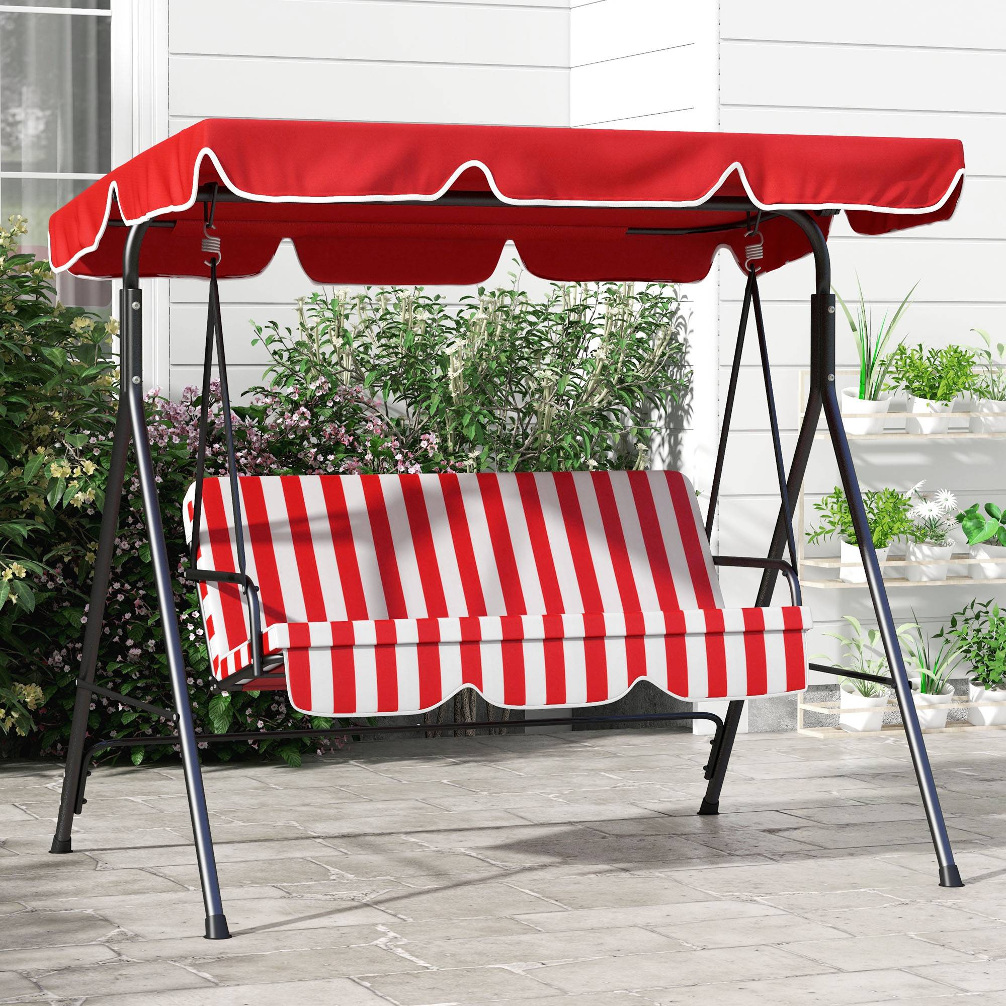 Outsunny - Balancelle de jardin 3 places toit inclinaison réglable coussins assise et dossier acier noir polyester rouge et blanc - Outsunny - Image 2