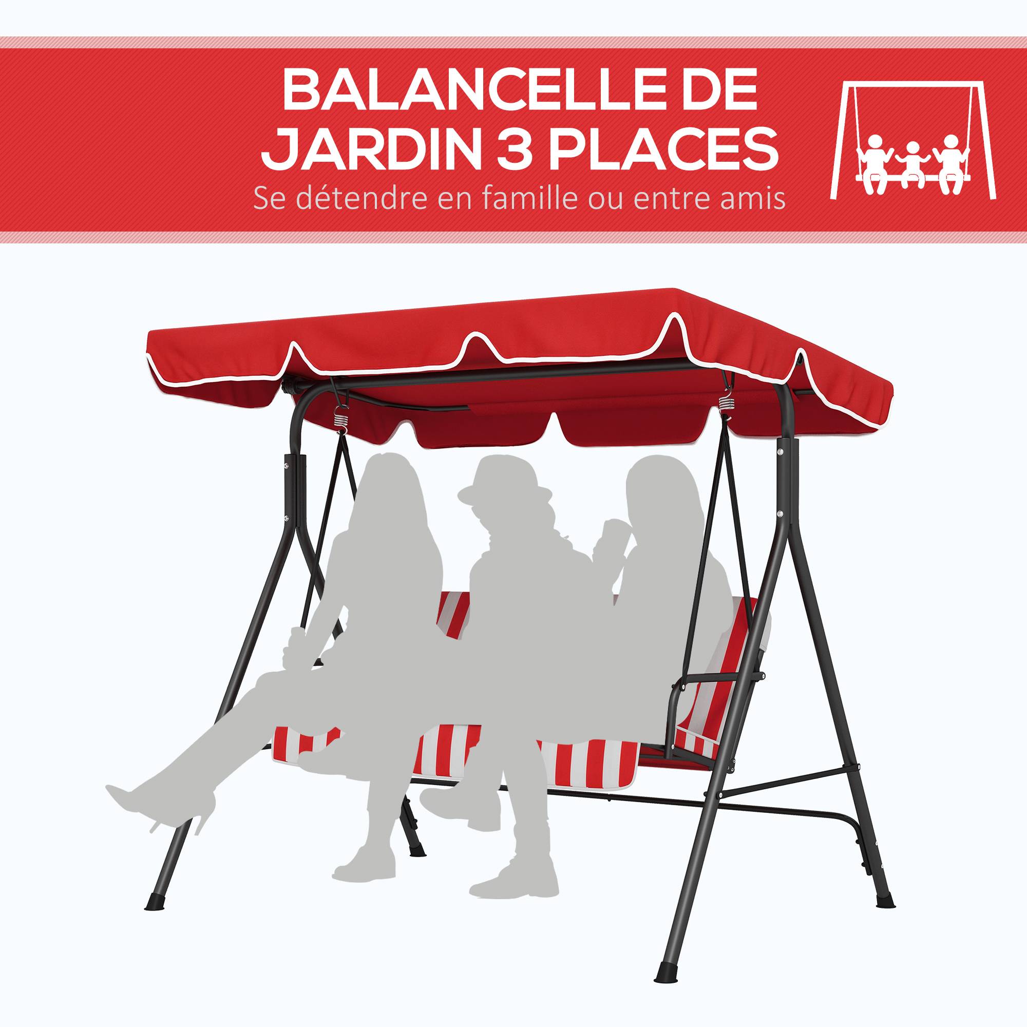 Outsunny - Balancelle de jardin 3 places toit inclinaison réglable coussins assise et dossier acier noir polyester rouge et blanc - Outsunny - Image 7