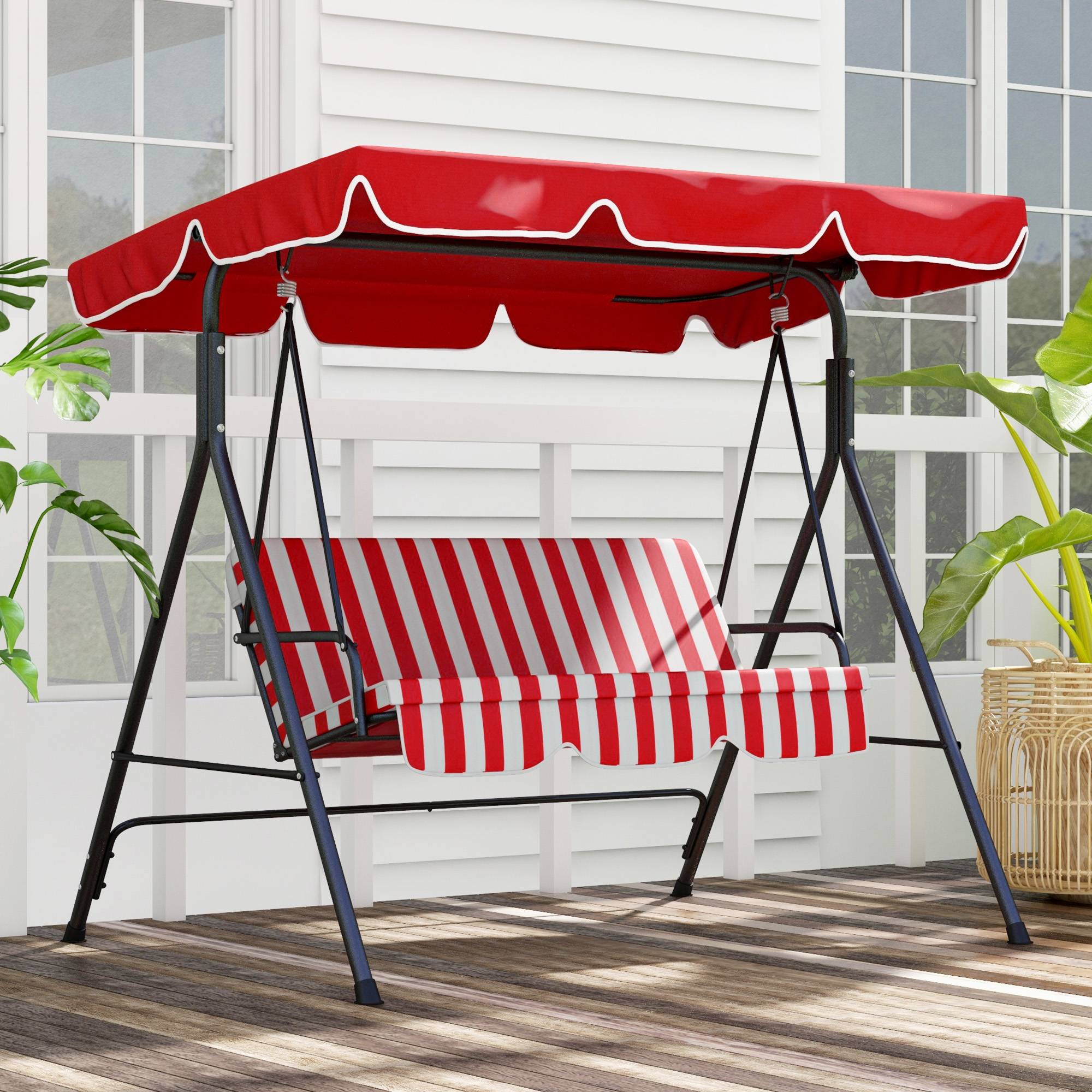 Outsunny - Balancelle de jardin 3 places toit inclinaison réglable coussins assise et dossier acier noir polyester rouge et blanc - Outsunny - Image 4