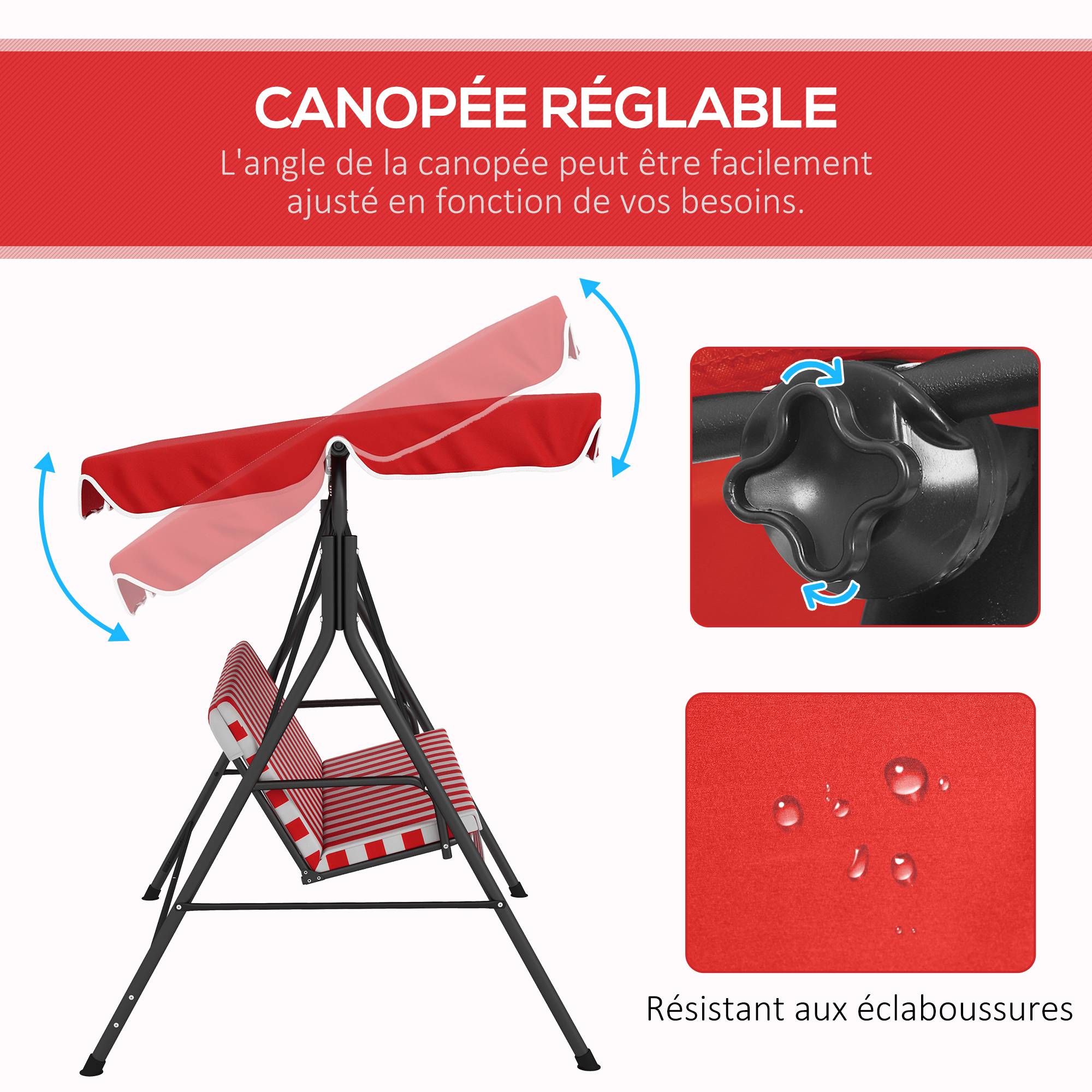 Outsunny - Balancelle de jardin 3 places toit inclinaison réglable coussins assise et dossier acier noir polyester rouge et blanc - Outsunny - Image 5