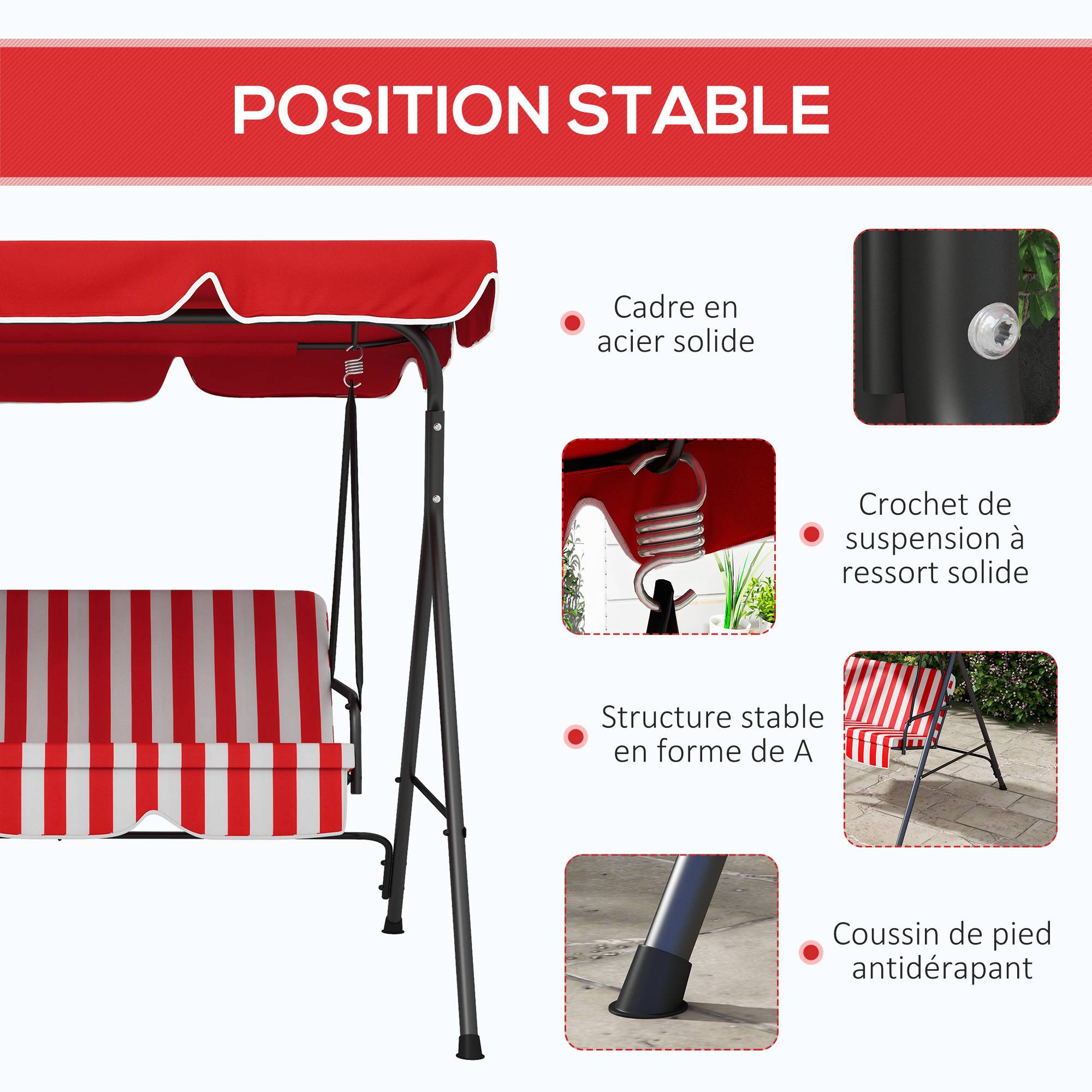 Outsunny - Balancelle de jardin 3 places toit inclinaison réglable coussins assise et dossier acier noir polyester rouge et blanc - Outsunny - Image 6