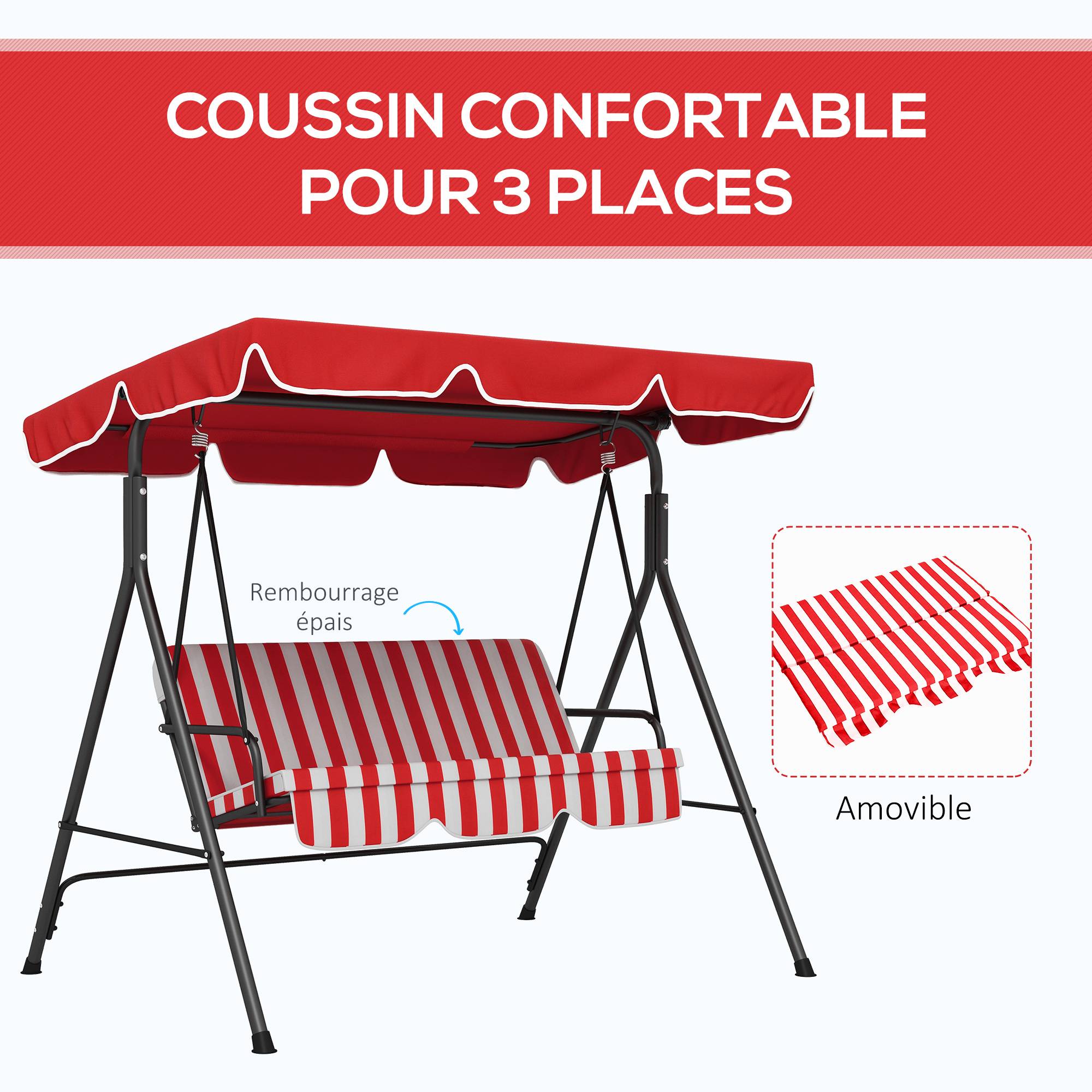Outsunny - Balancelle de jardin 3 places toit inclinaison réglable coussins assise et dossier acier noir polyester rouge et blanc - Outsunny - Image 8
