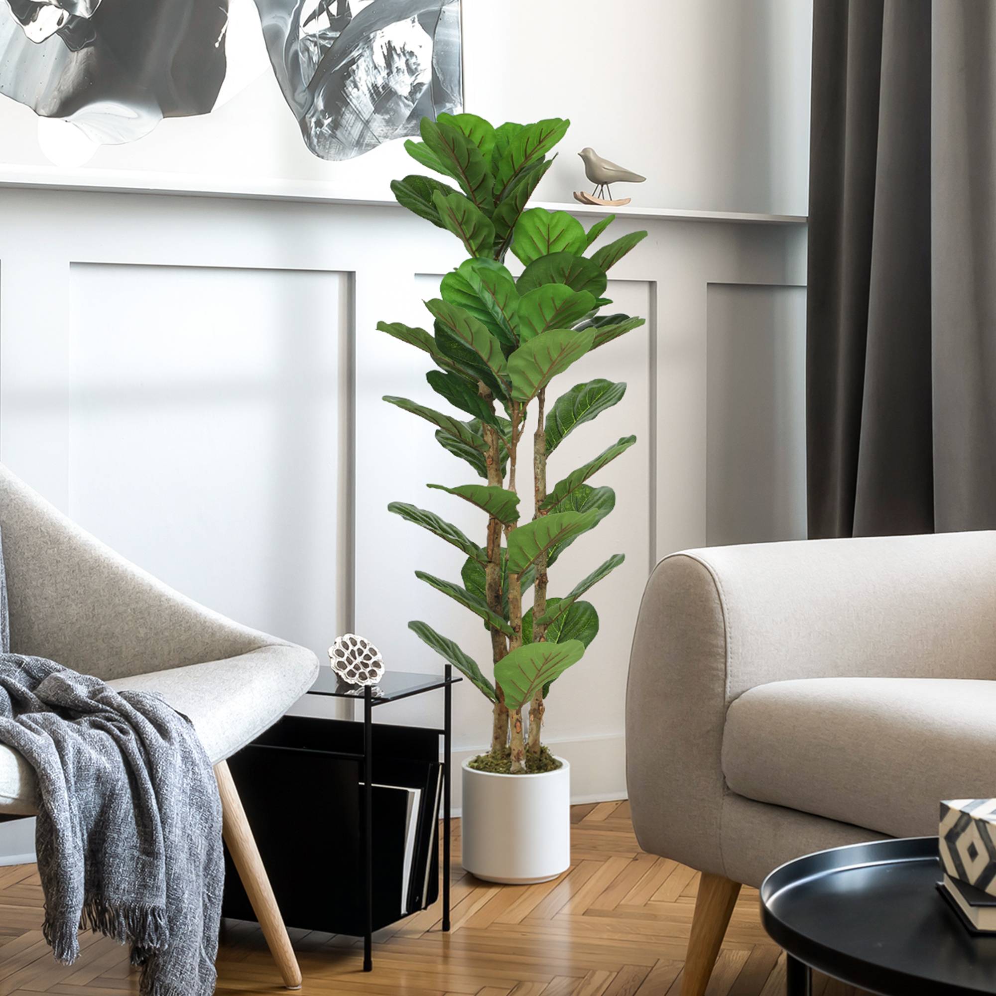 Plante artificielle intérieure 120 cm Figuier lyre arbre artificiel avec pot en plastique et tronc en bois massif - Image 4