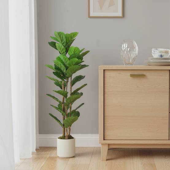 Plante artificielle intérieure 120 cm Figuier lyre arbre artificiel avec pot en plastique et tronc en bois massif - Image 10