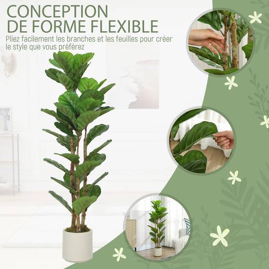 Plante artificielle intérieure 120 cm Figuier lyre arbre artificiel avec pot en plastique et tronc en bois massif - Image 8