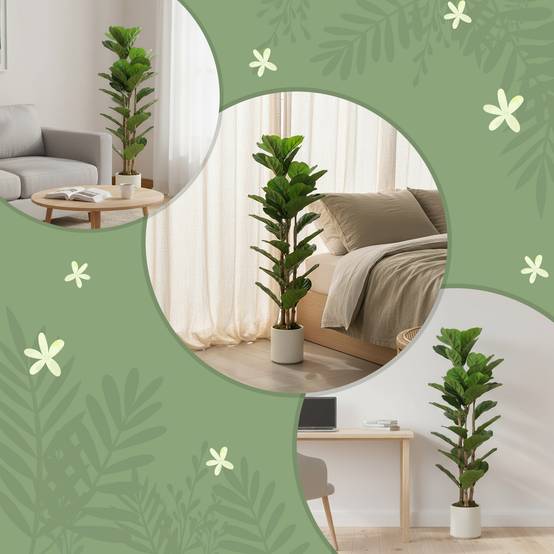 Plante artificielle intérieure 120 cm Figuier lyre arbre artificiel avec pot en plastique et tronc en bois massif - Image 9