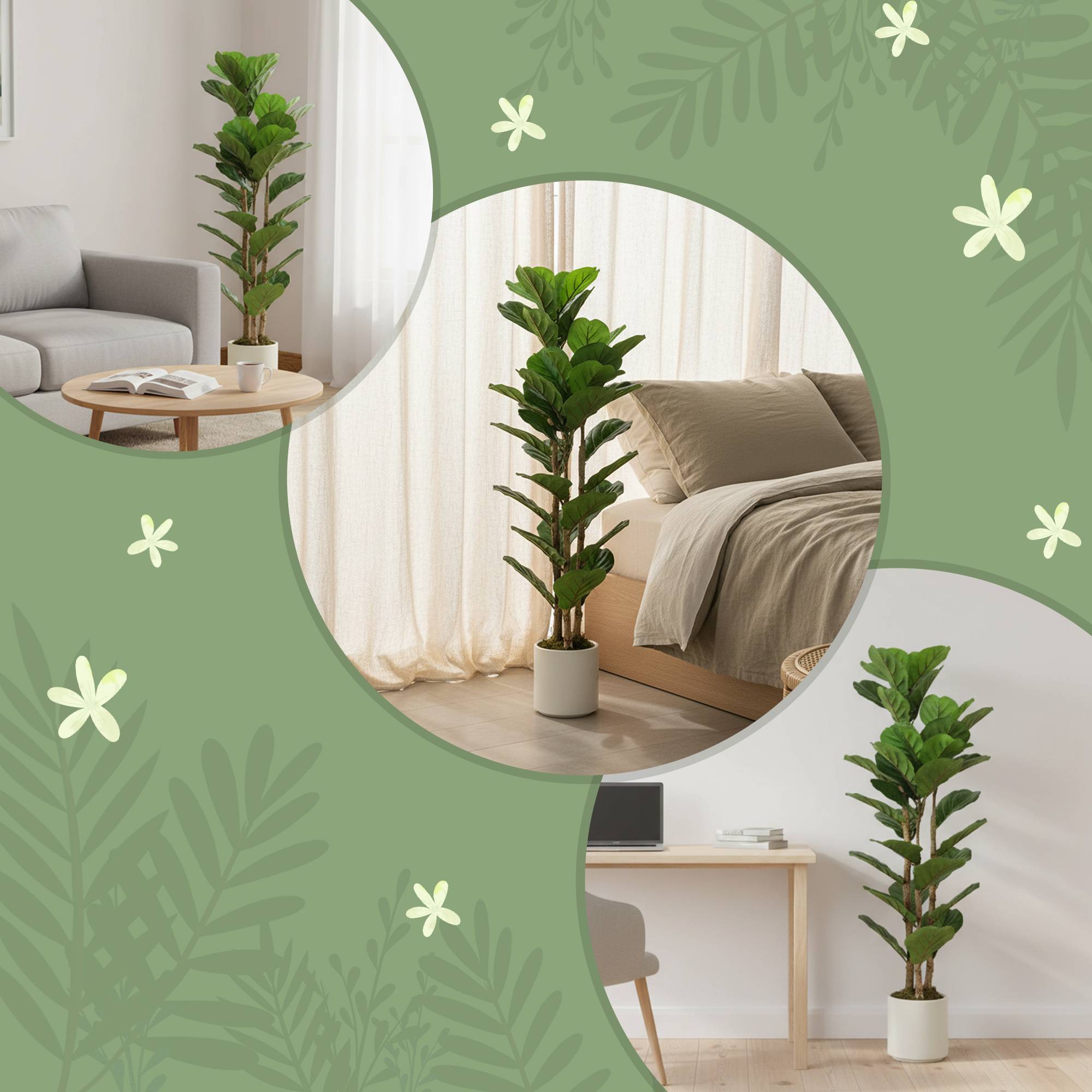 Plante artificielle intérieure 120 cm Figuier lyre arbre artificiel avec pot en plastique et tronc en bois massif - Image 9