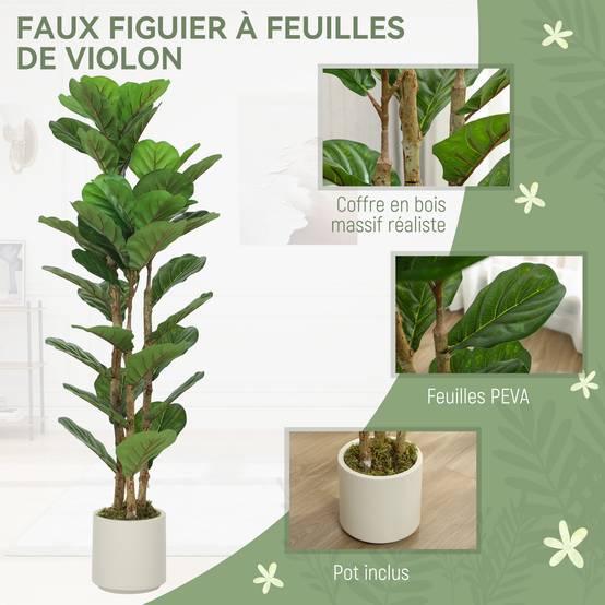 Plante artificielle intérieure 120 cm Figuier lyre arbre artificiel avec pot en plastique et tronc en bois massif - Image 6