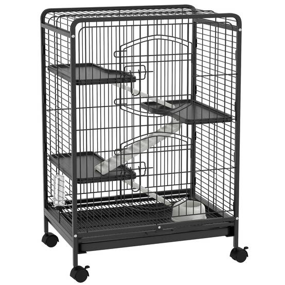 Sans Marque - Cage rongeurs roulettes 3 plateformes plateau amovible mangeoire abreuvoir 61,5x44x95 cm noire - Image 2