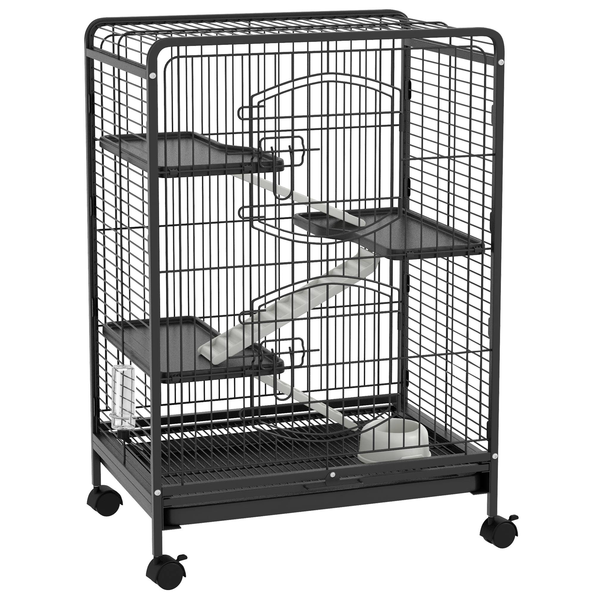 Sans Marque - Cage rongeurs roulettes 3 plateformes plateau amovible mangeoire abreuvoir 61,5x44x95 cm noire - Image 2