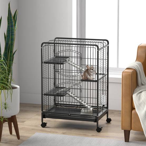 Sans Marque - Cage rongeurs roulettes 3 plateformes plateau amovible mangeoire abreuvoir 61,5x44x95 cm noire - Image 4