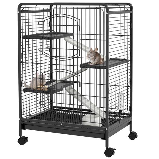 Sans Marque - Cage rongeurs roulettes 3 plateformes plateau amovible mangeoire abreuvoir 61,5x44x95 cm noire - Image 1