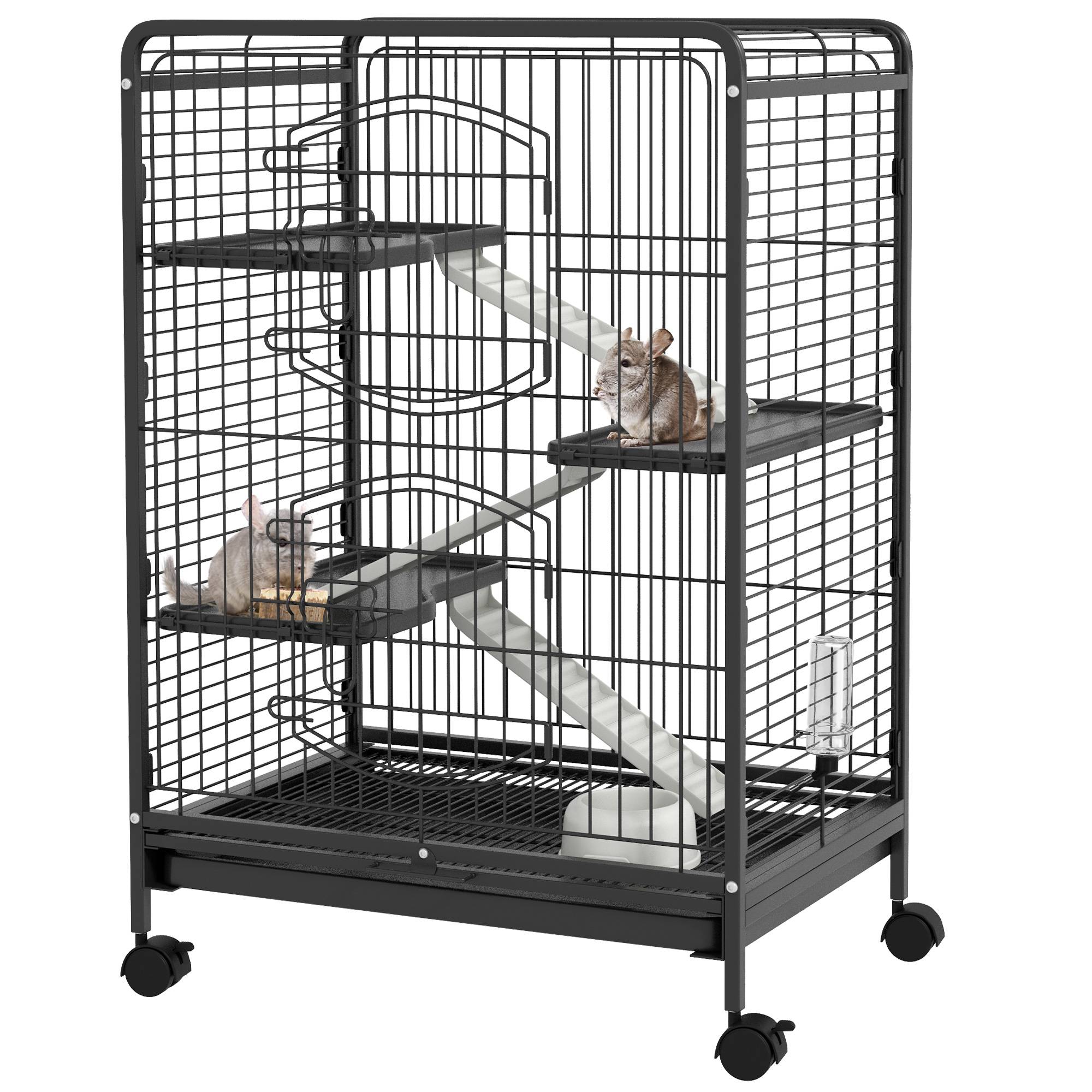 Sans Marque - Cage rongeurs roulettes 3 plateformes plateau amovible mangeoire abreuvoir 61,5x44x95 cm noire - Image 1