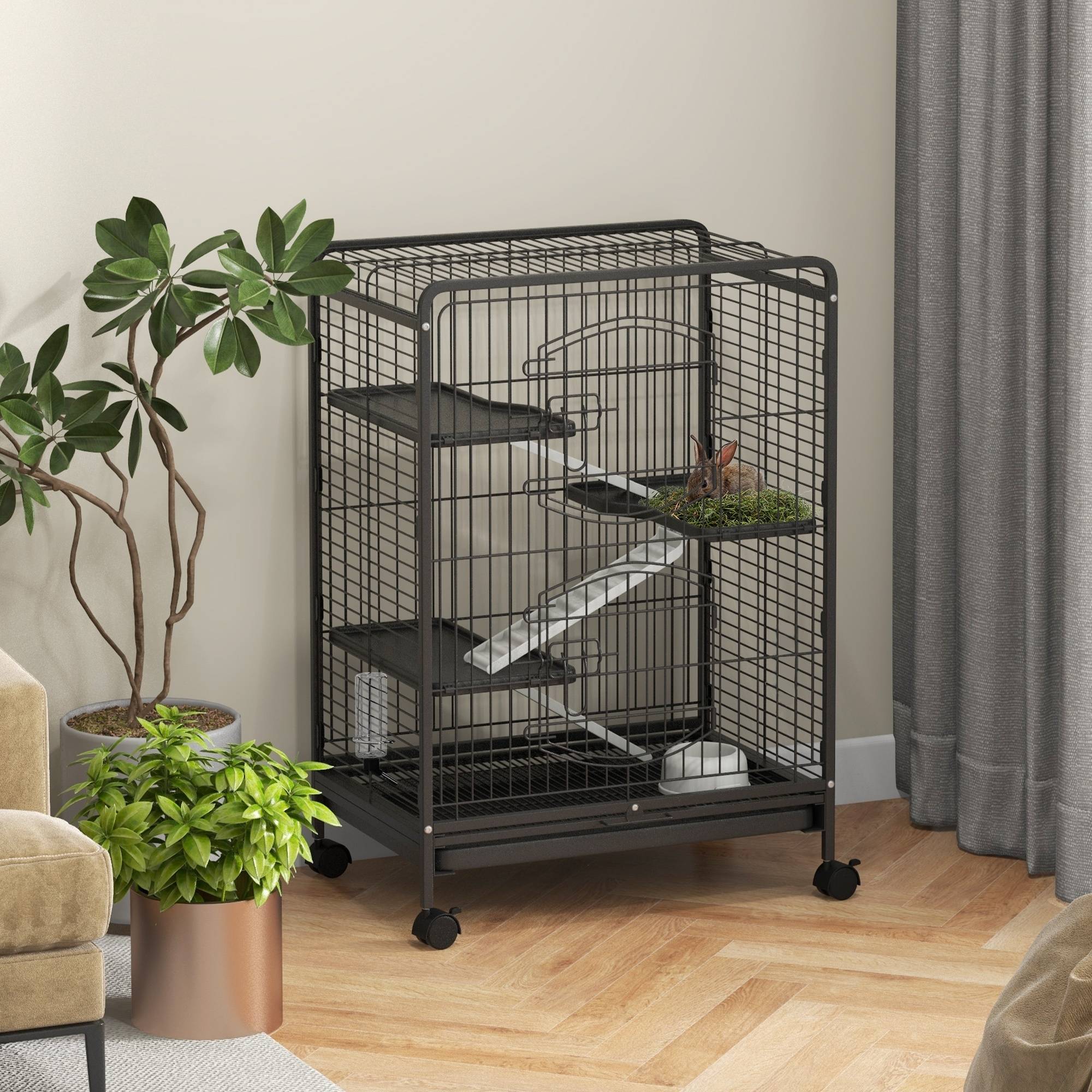 Sans Marque - Cage rongeurs roulettes 3 plateformes plateau amovible mangeoire abreuvoir 61,5x44x95 cm noire - Image 3