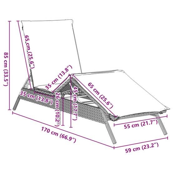 Chaise longue résine tressée noire avec coussin 170 x 59 x 26/50/64/75/85 cm - PANGIVO - Image 10